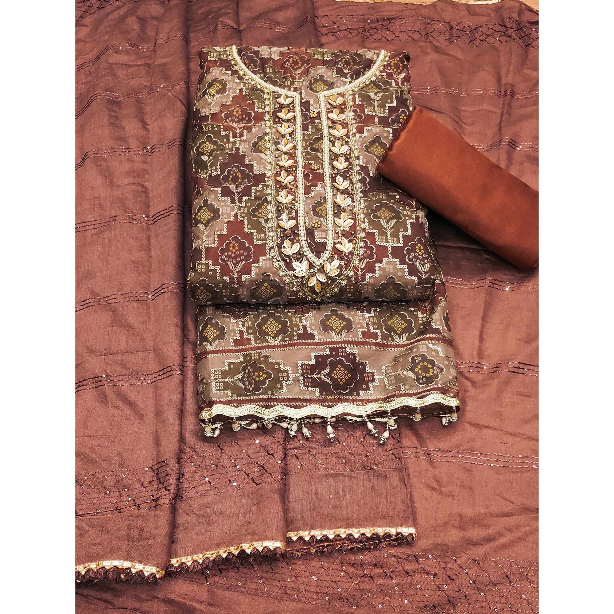 Rust Sequins Embroidered With Printed Organza Dress Material - Image 3