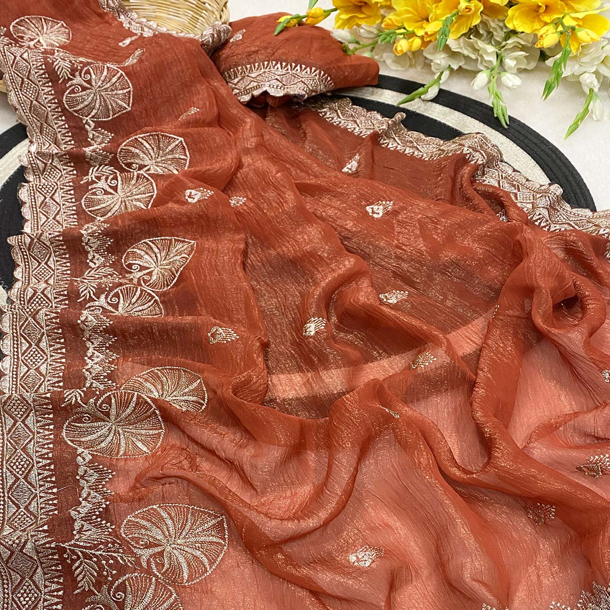Rust Thread Work Chiffon Silk Saree Premium Crunchy Texture Festive Wear - Image 2