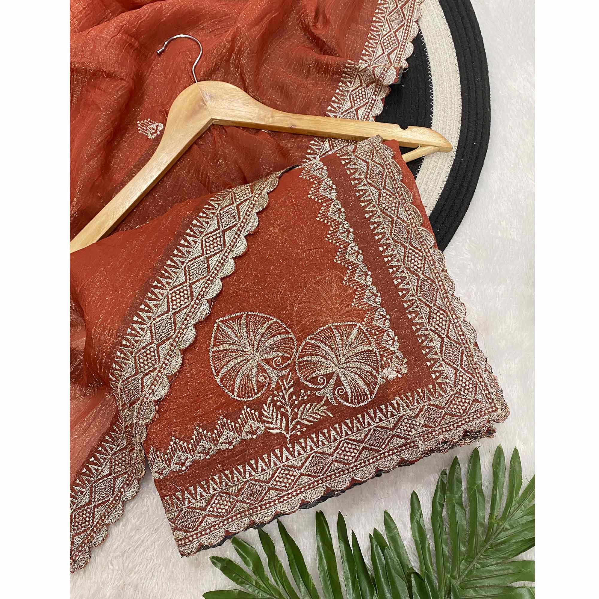 Rust Thread Work Chiffon Silk Saree Premium Crunchy Texture Festive Wear - Image 3
