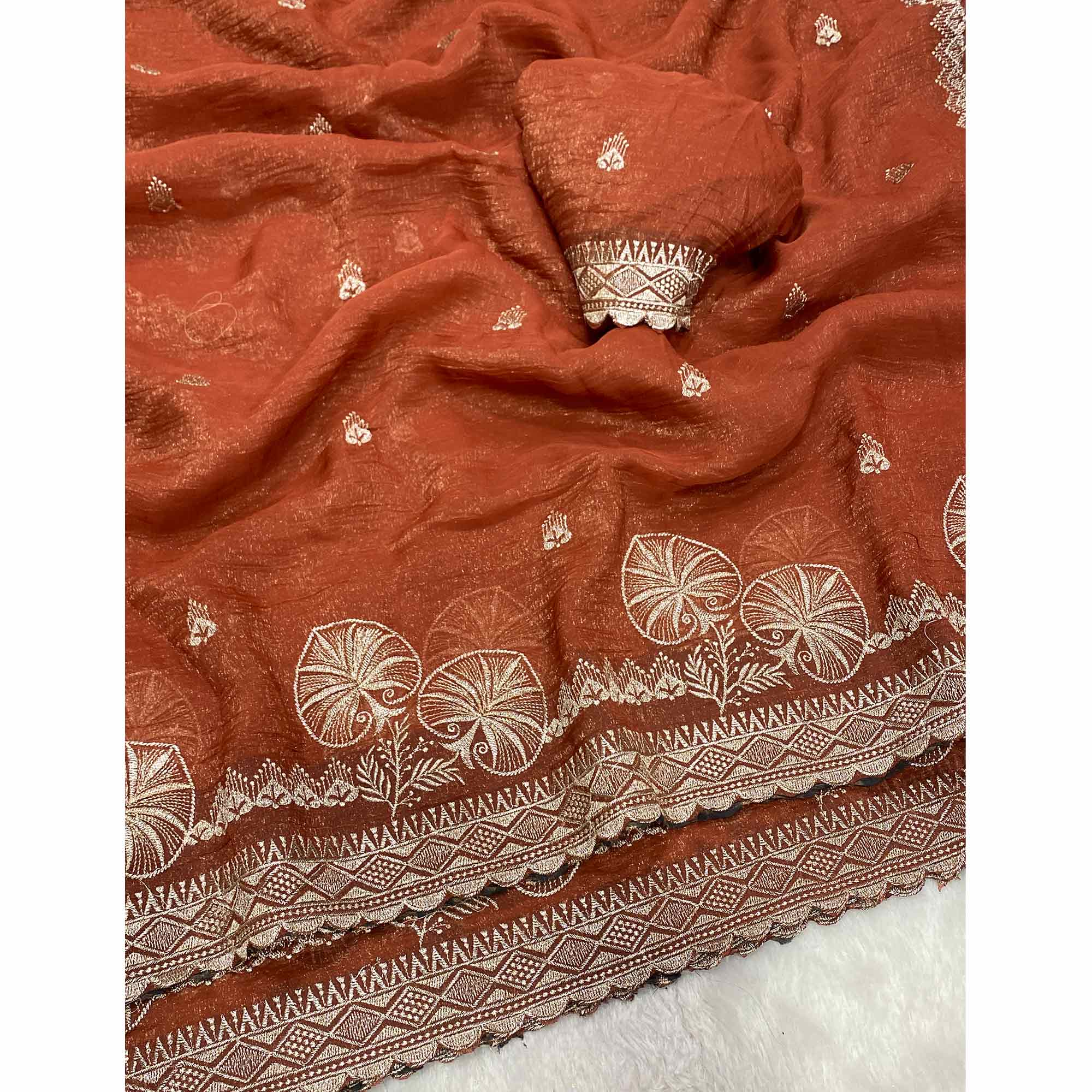 Rust Thread Work Chiffon Silk Saree Premium Crunchy Texture Festive Wear - Image 4