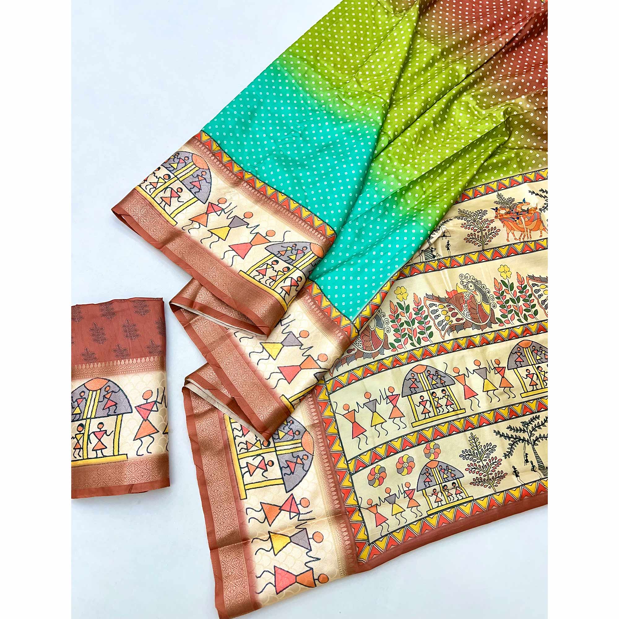 Rust Traditional Bandhani & Warli Digital Printed Silk Blend Saree With Weaving Border - Image 3