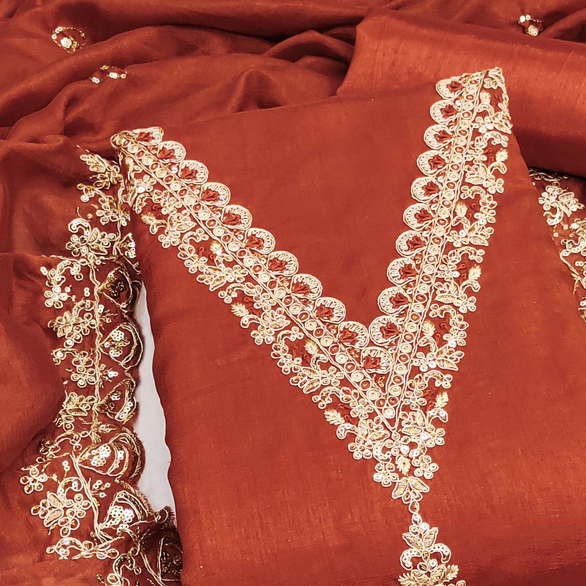 Rust Vichitra Silk Dress Material Adorned With Floral Cording Embroidery & Sparkling Sequins Work - Image 2