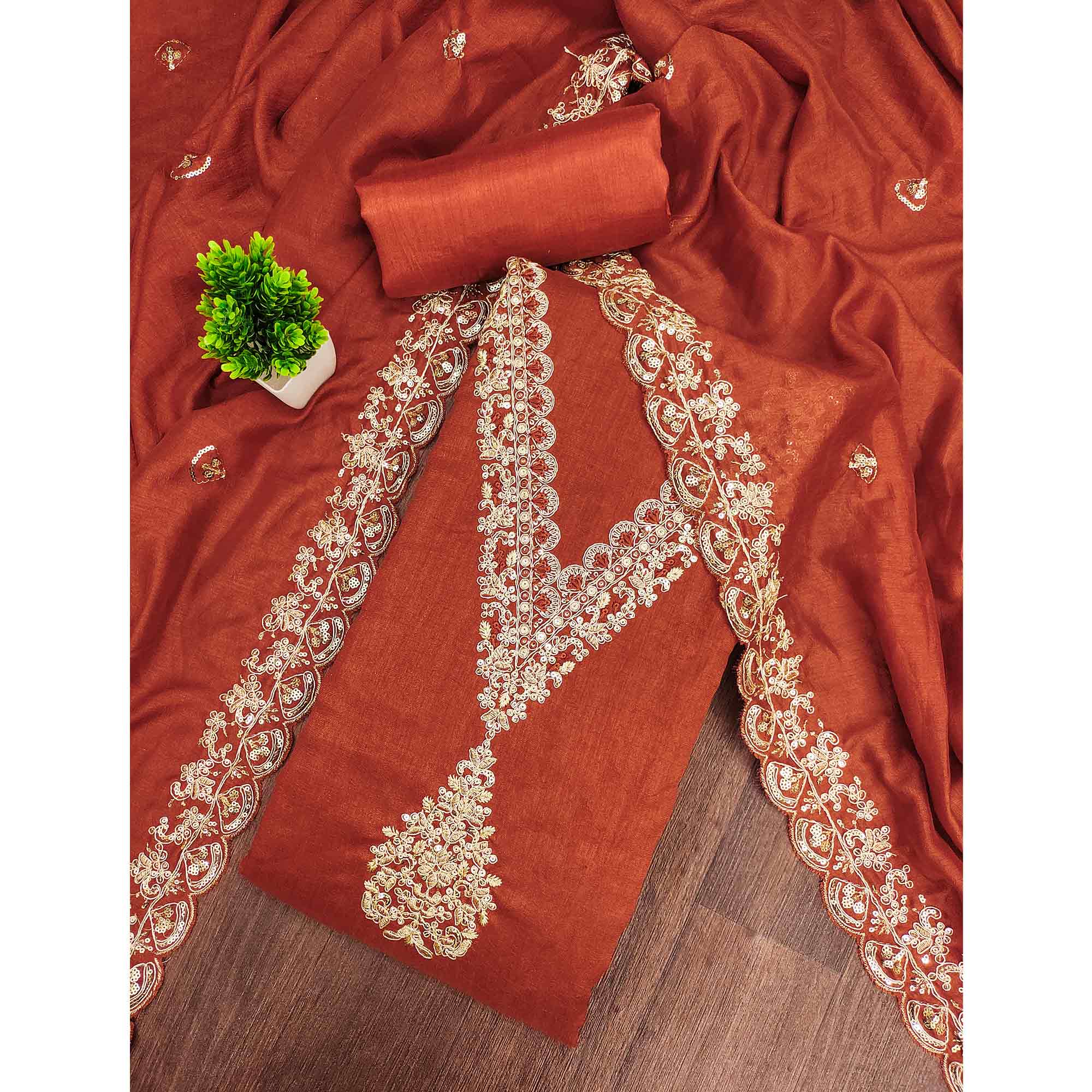 Rust Vichitra Silk Dress Material Adorned With Floral Cording Embroidery & Sparkling Sequins Work - Image 3