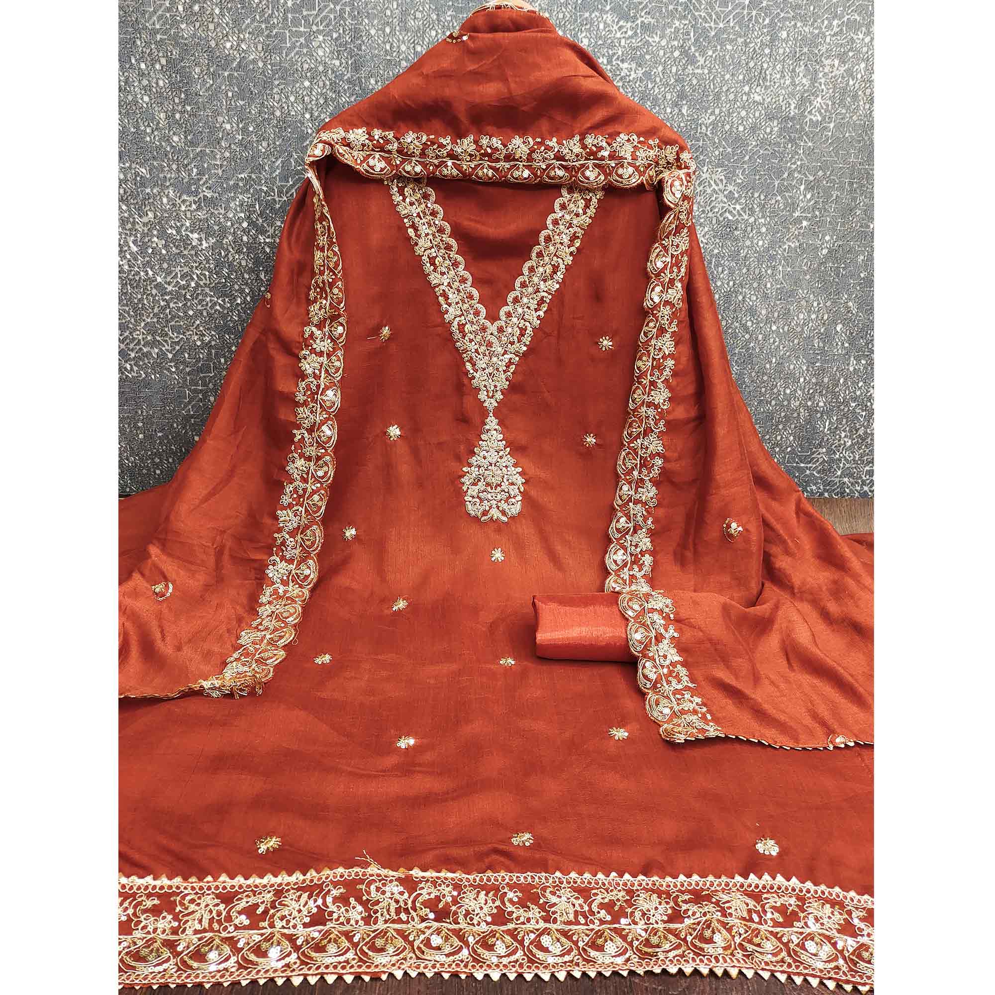 Rust Vichitra Silk Dress Material Adorned With Floral Cording Embroidery & Sparkling Sequins Work - Image 4