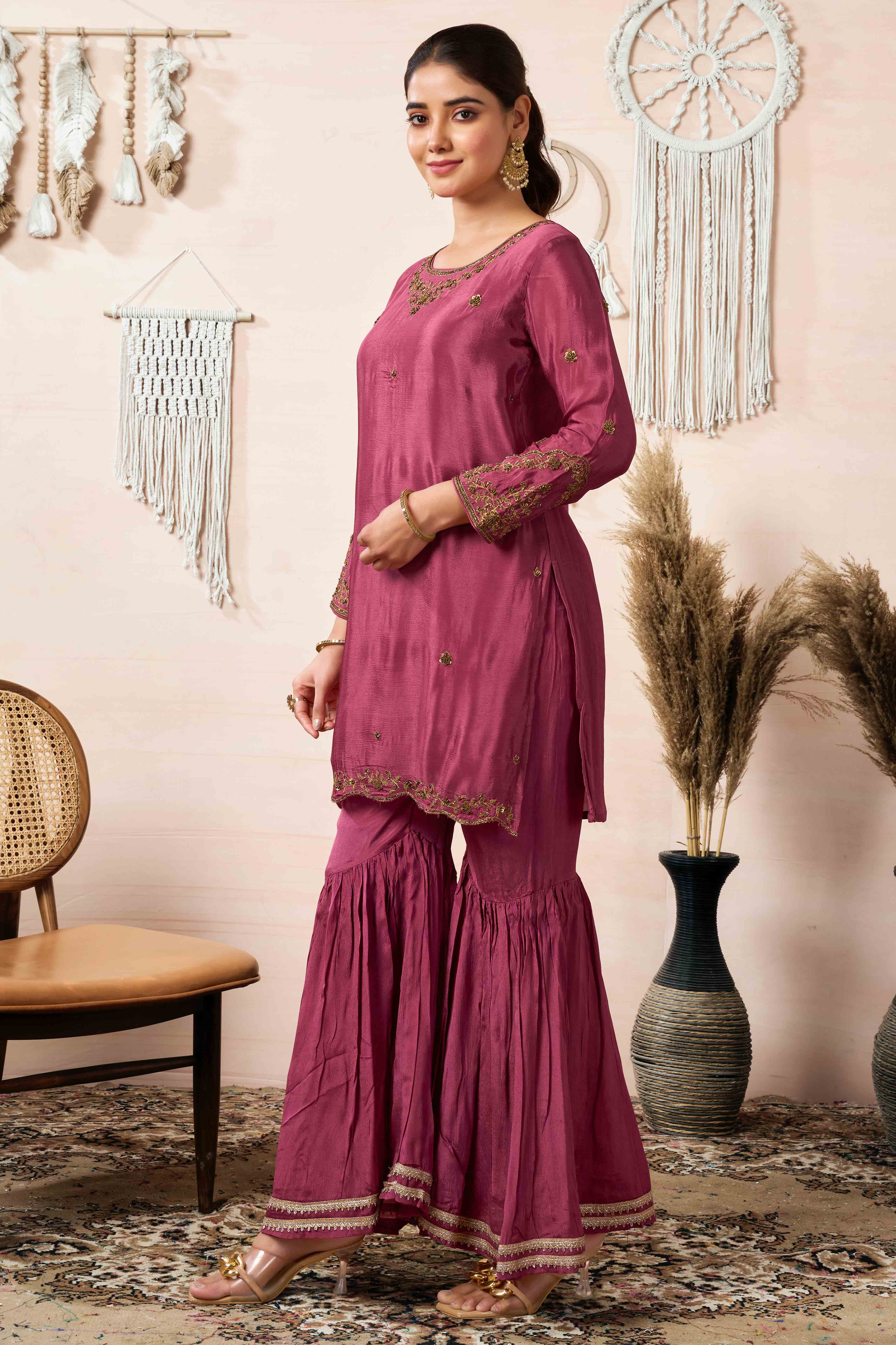 Rust Zardosi Work Embroidered Pure Chinon Sharara Suit - Image 3