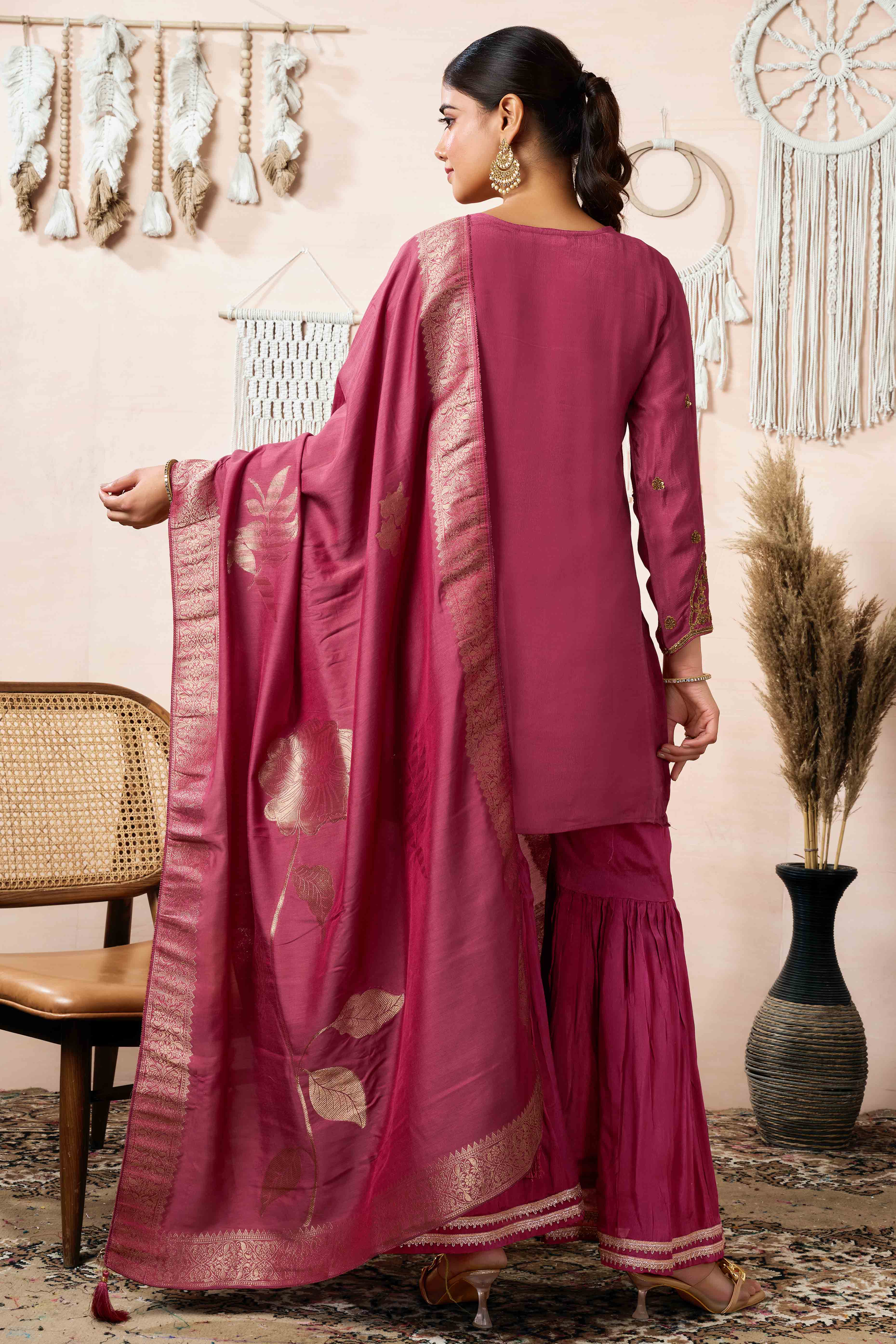 Rust Zardosi Work Embroidered Pure Chinon Sharara Suit - Image 4