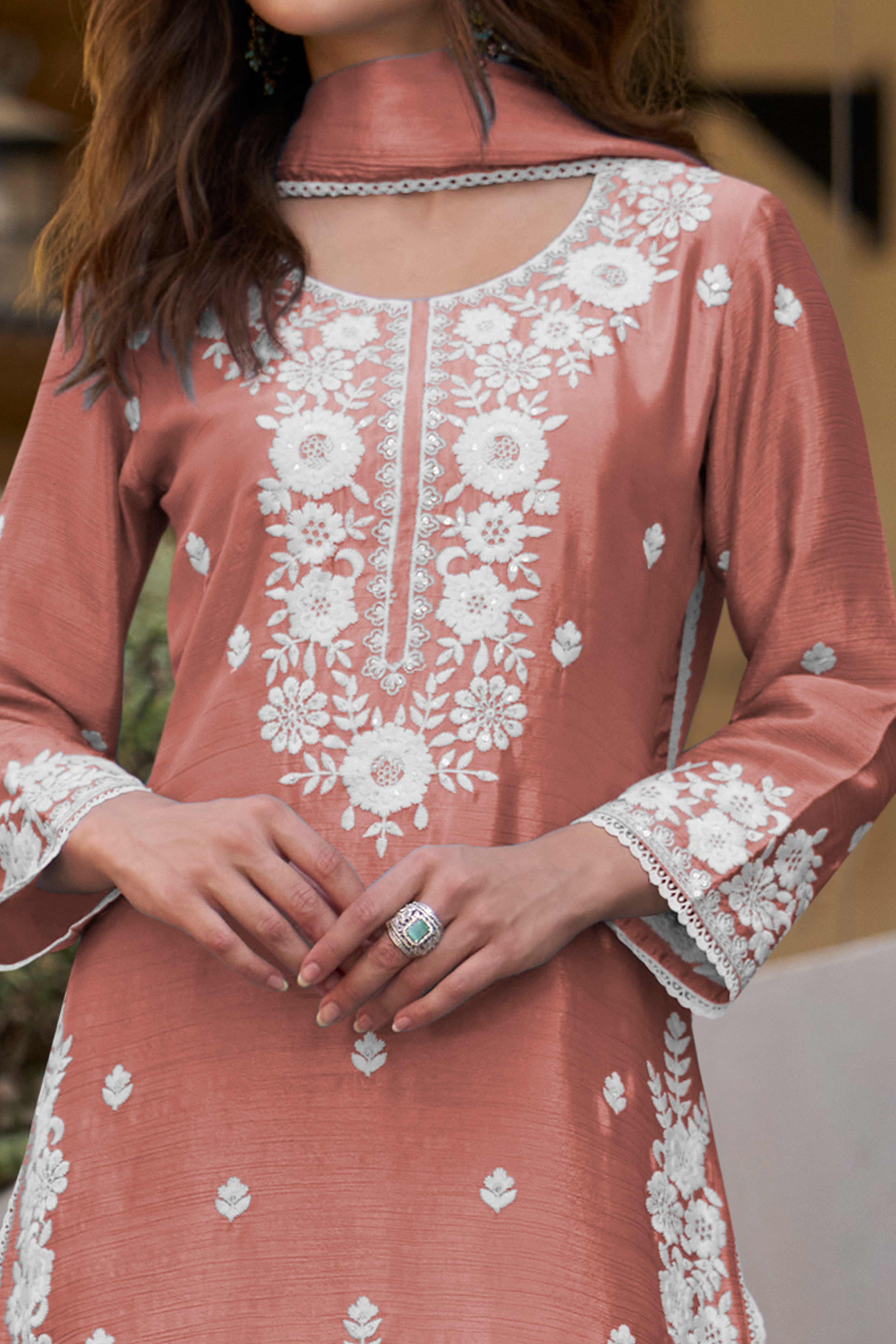 Rusty Brown Floral Luxe Embroidered Chinon Sharara Suit - Image 2