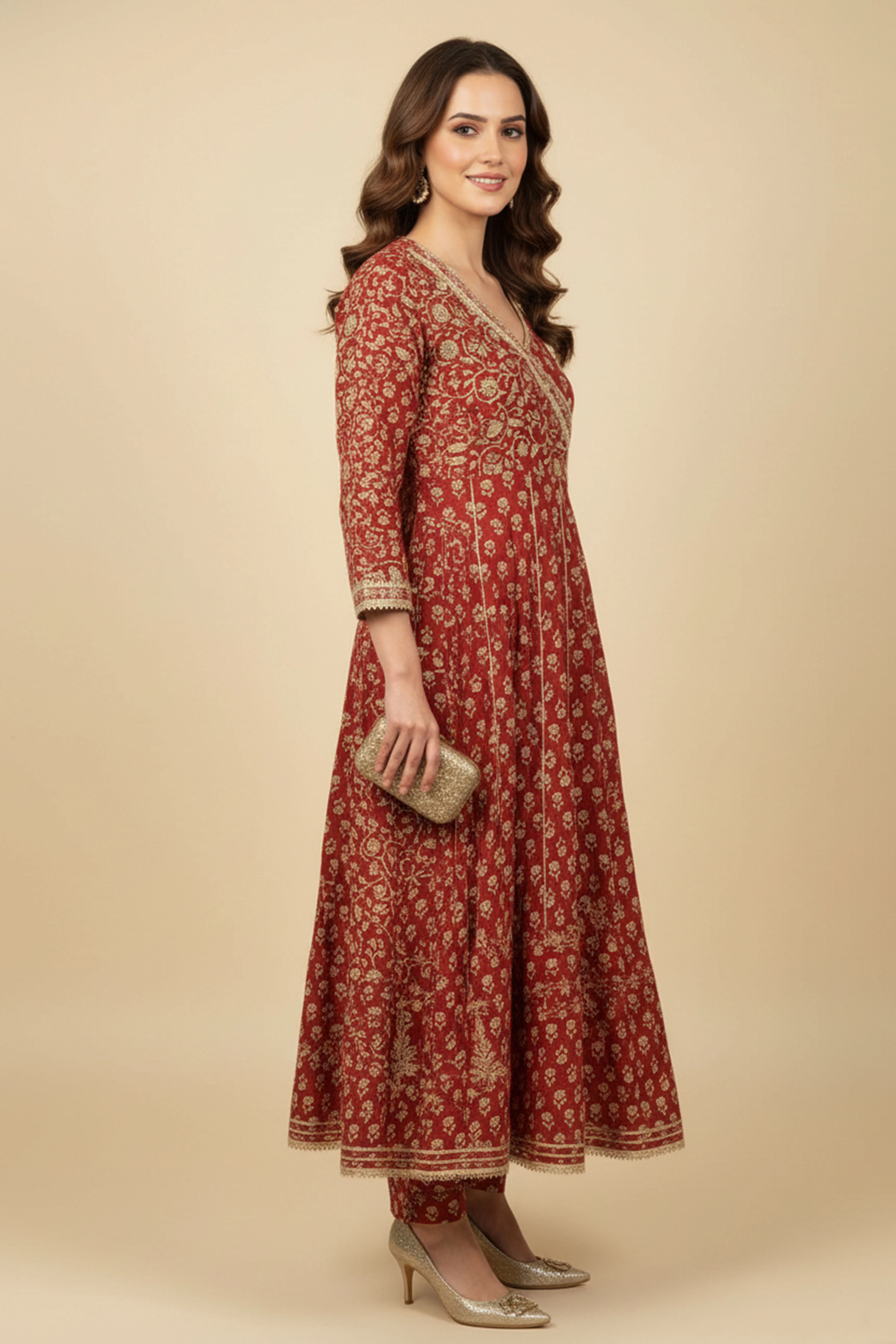 Rusty Red Anarkali Salwar Suit in Pure Cotton with All-Over Floral Print and Delicate Lacework - Image 4