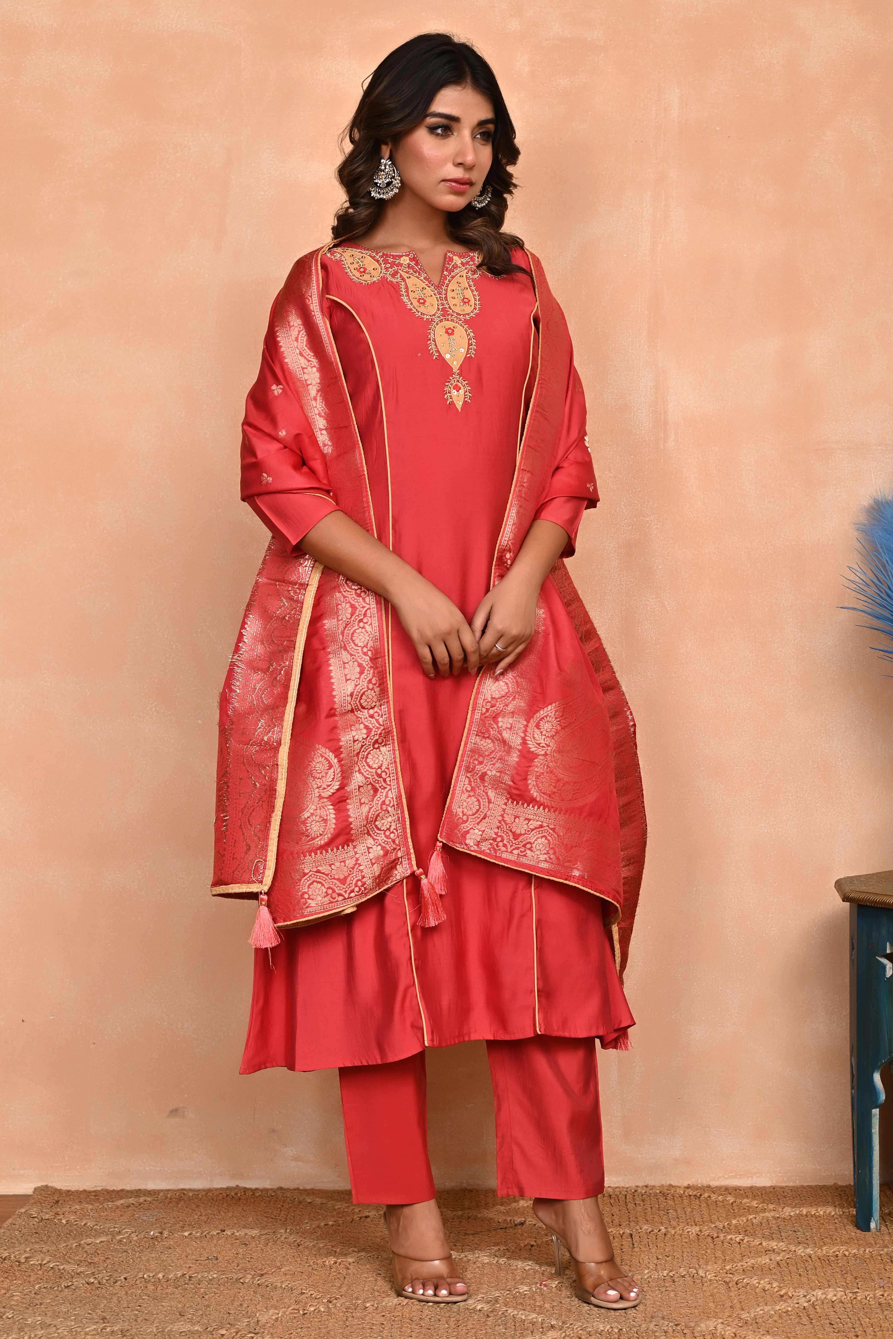 Rusty Red Embroidered A-Line Chanderi Silk Salwar Suit with Delicate Patchwork Detailing - Image 3