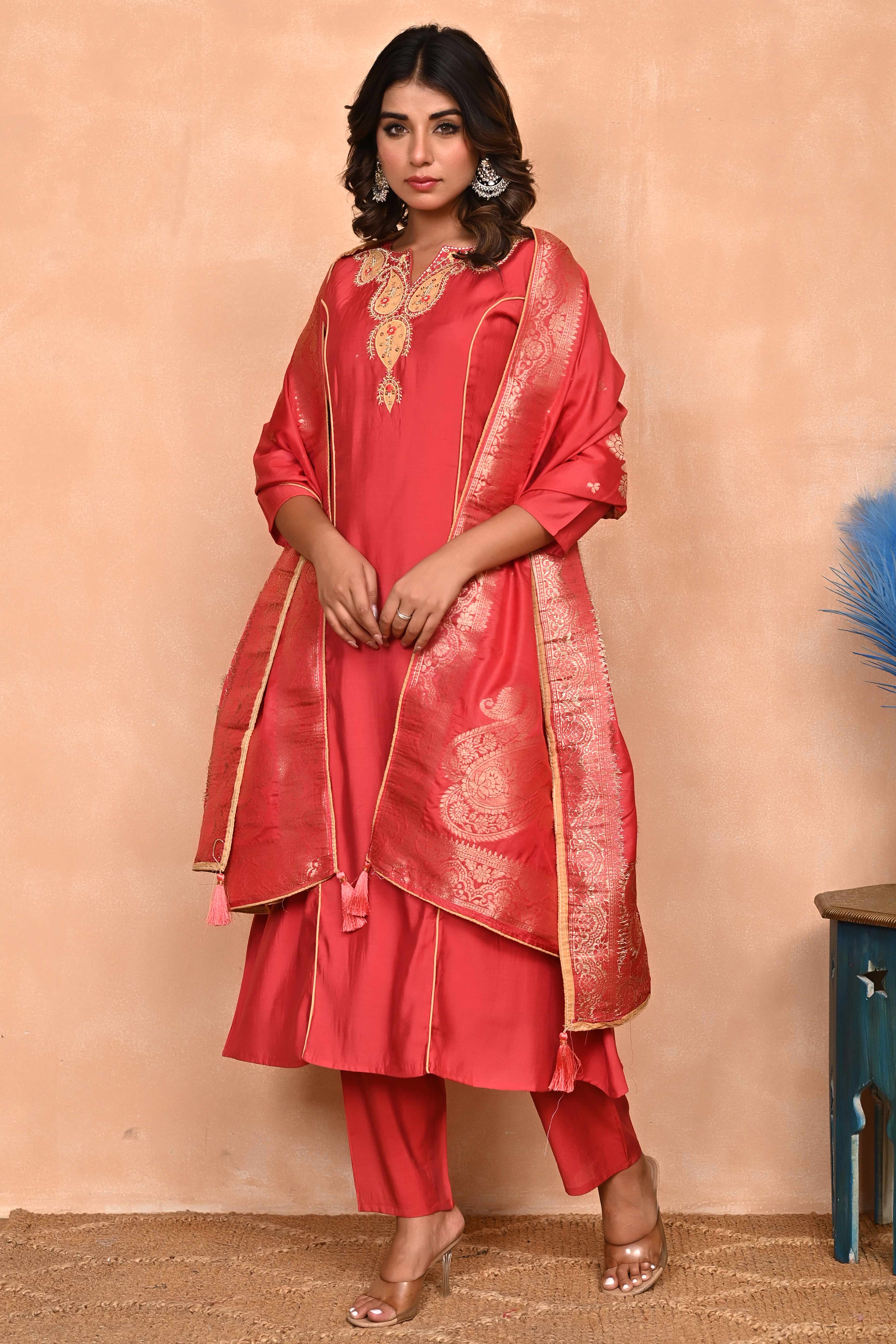 Rusty Red Embroidered A-Line Chanderi Silk Salwar Suit with Delicate Patchwork Detailing - Image 4
