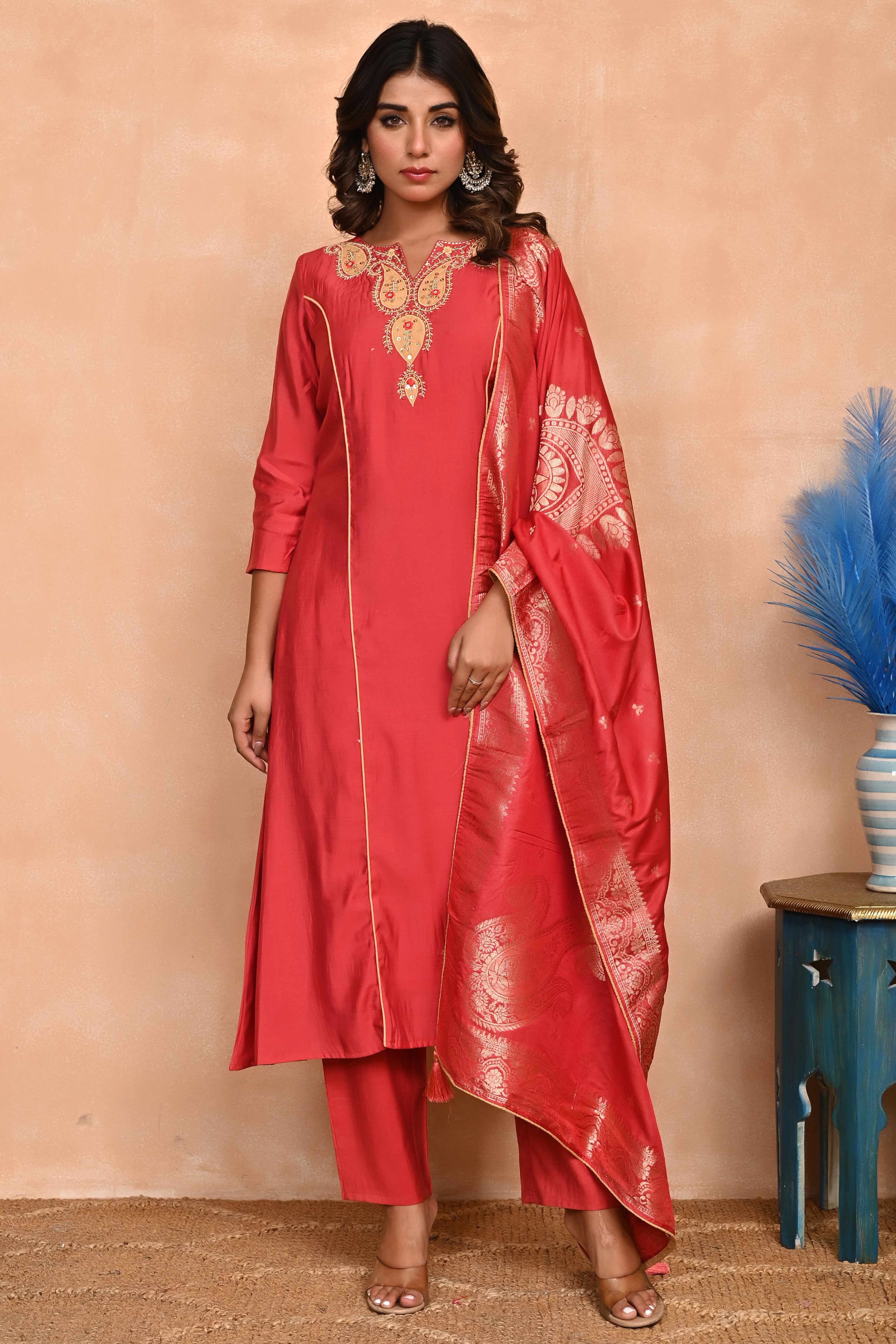Rusty Red Embroidered A-Line Chanderi Silk Salwar Suit with Delicate Patchwork Detailing - Image 5
