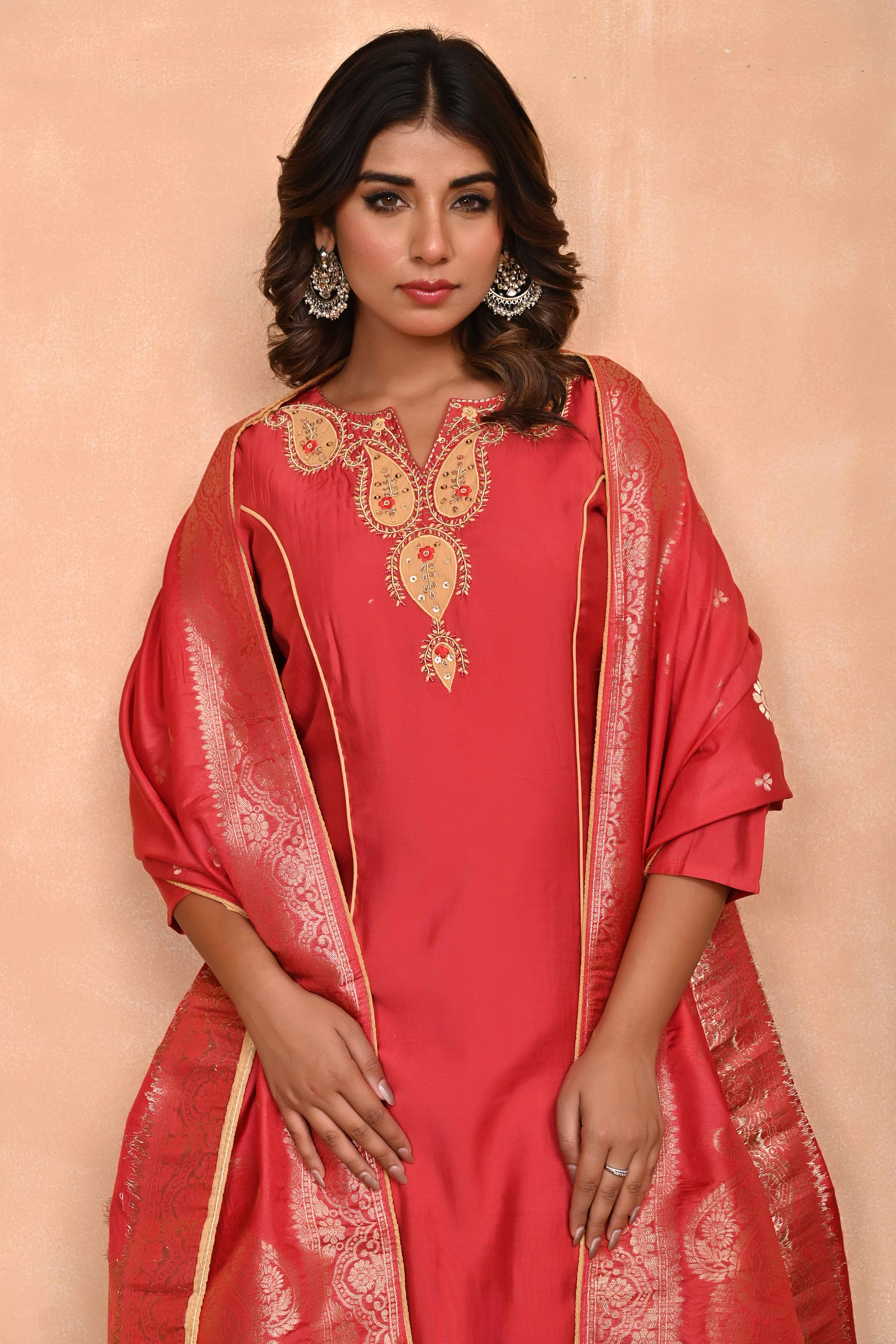 Rusty Red Embroidered A-Line Chanderi Silk Salwar Suit with Delicate Patchwork Detailing - Image 9