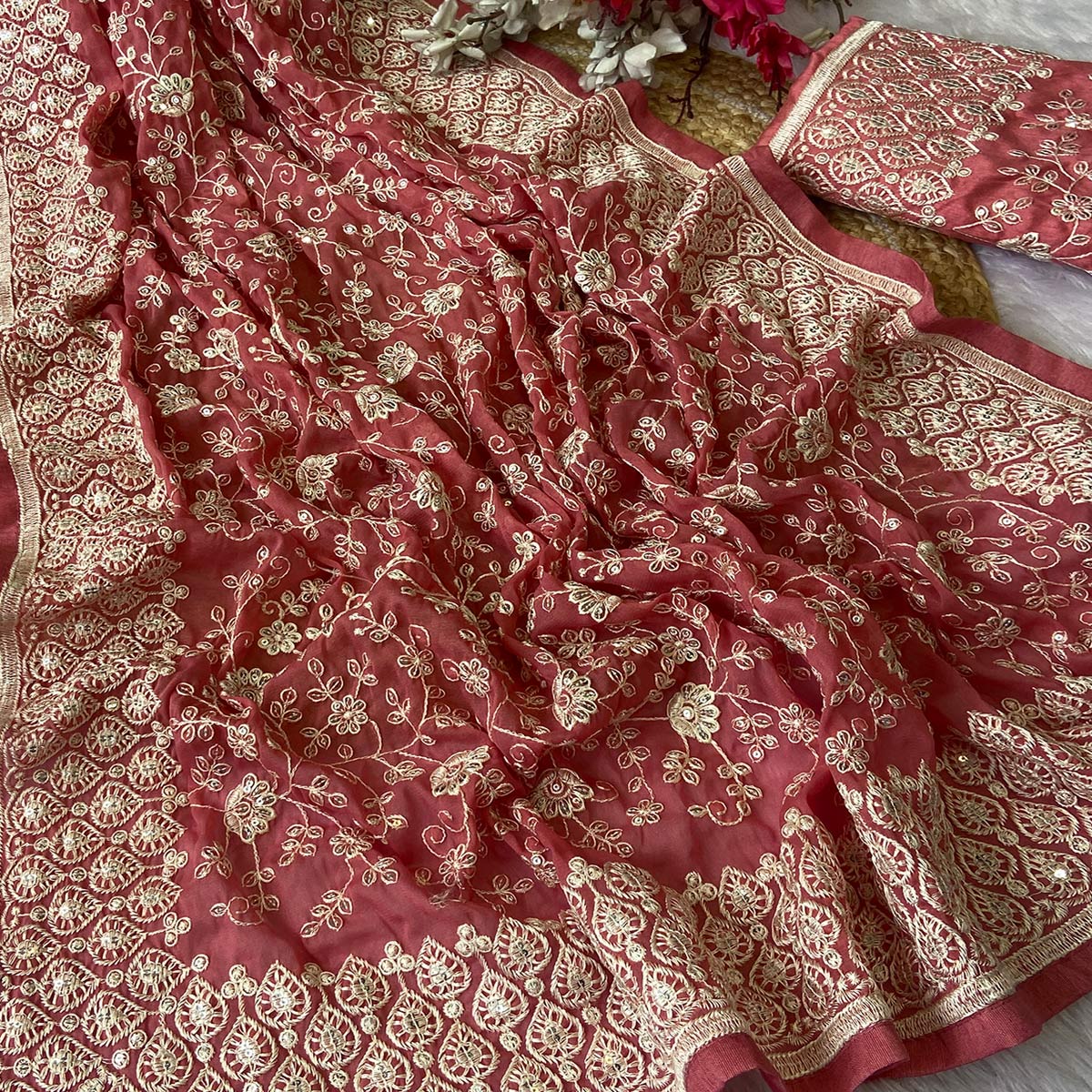 Rusty Red Georgette Saree With Sparkling Sequins & Delicate Floral Embroidery - Image 2