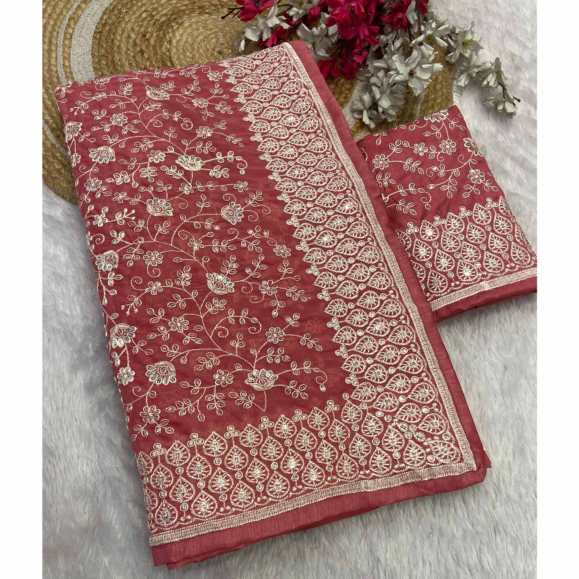 Rusty Red Georgette Saree With Sparkling Sequins & Delicate Floral Embroidery - Image 3