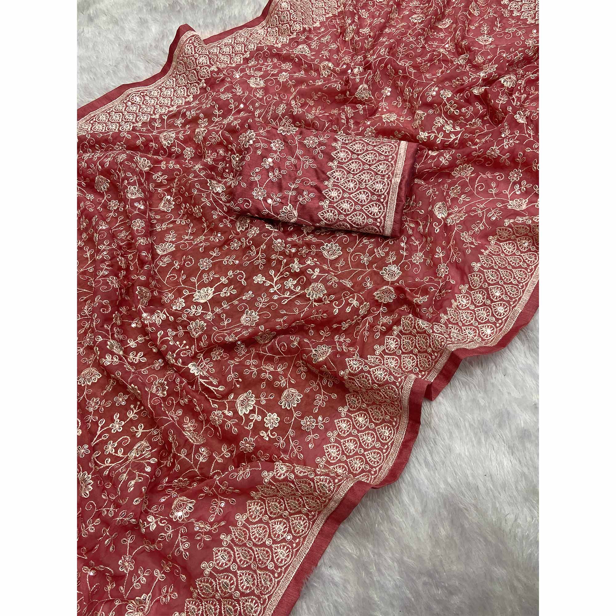 Rusty Red Georgette Saree With Sparkling Sequins & Delicate Floral Embroidery - Image 4