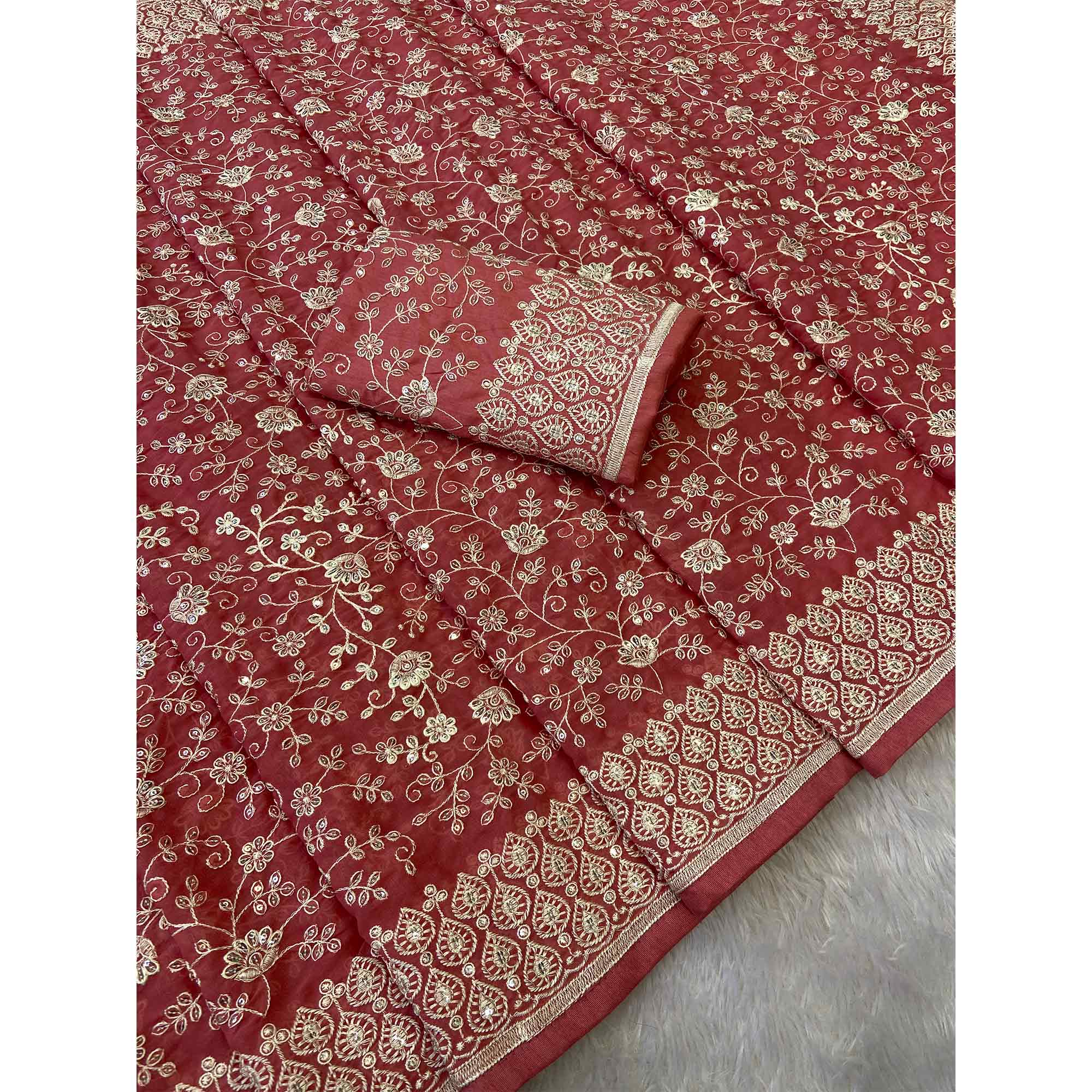 Rusty Red Georgette Saree With Sparkling Sequins & Delicate Floral Embroidery - Image 5