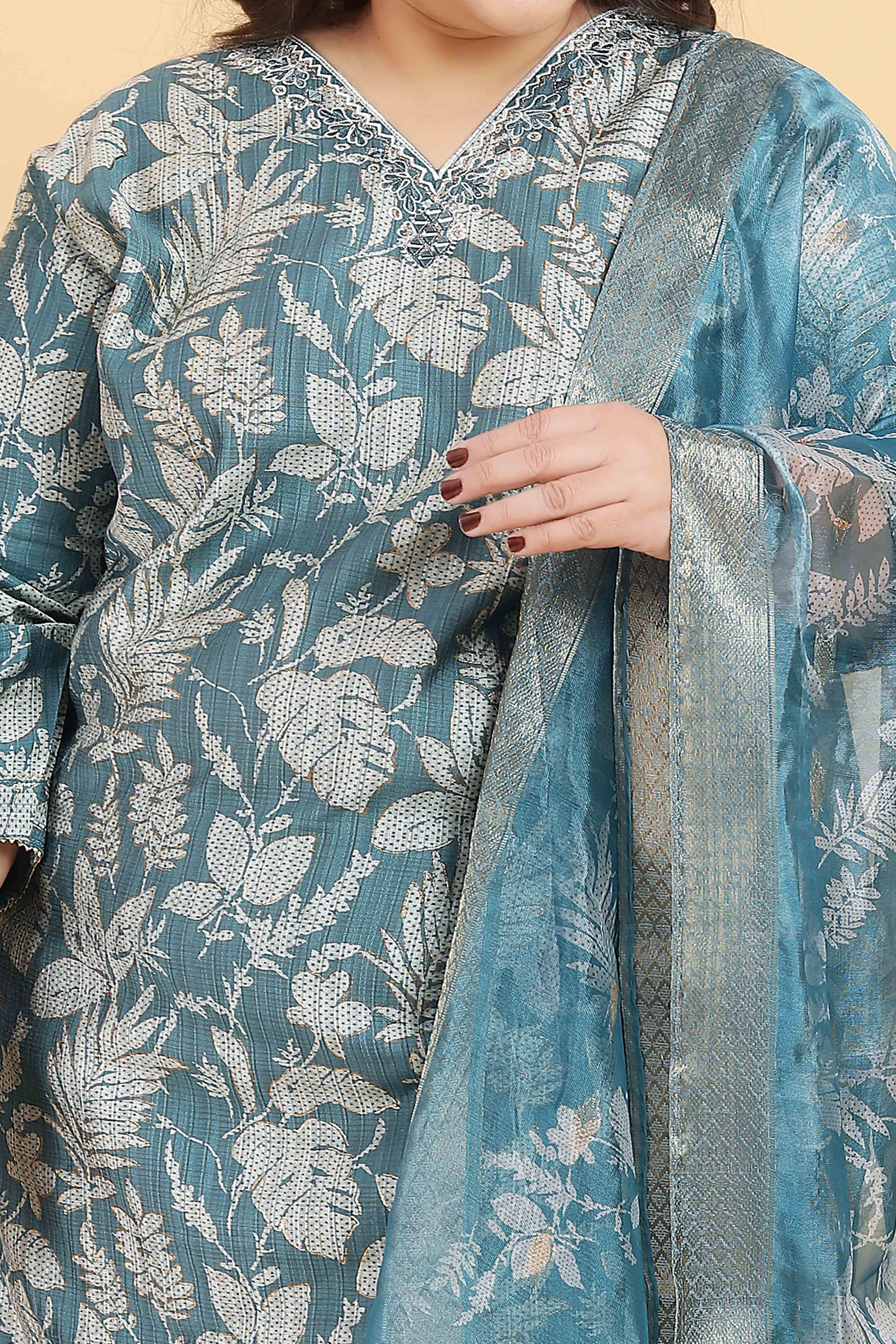 Sage Blue Floral Foil Printed With Mirror Handwork Viscose Salwar Suit - Image 2