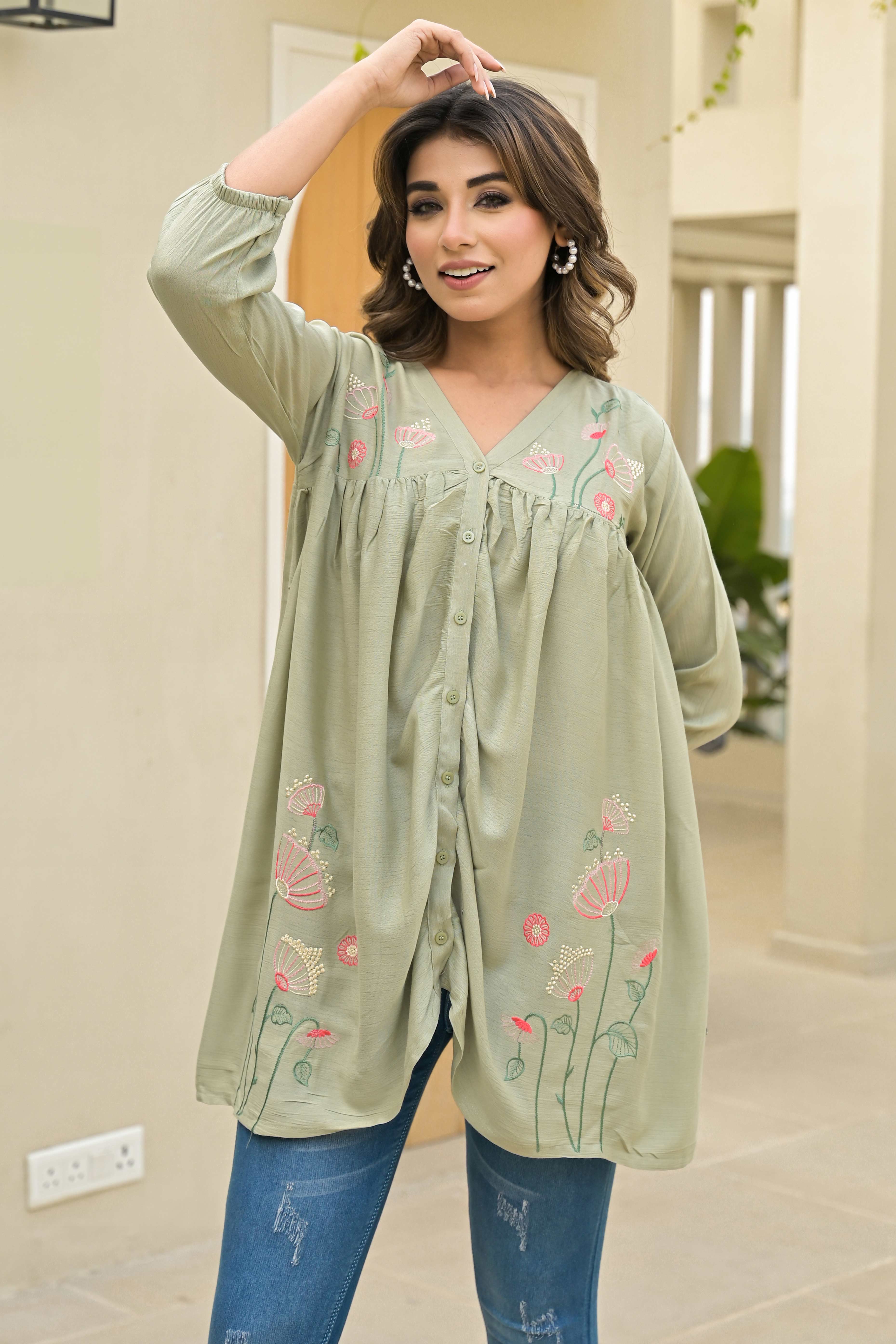 Sage Green Floral Embroidered Viscose Top - Image 3