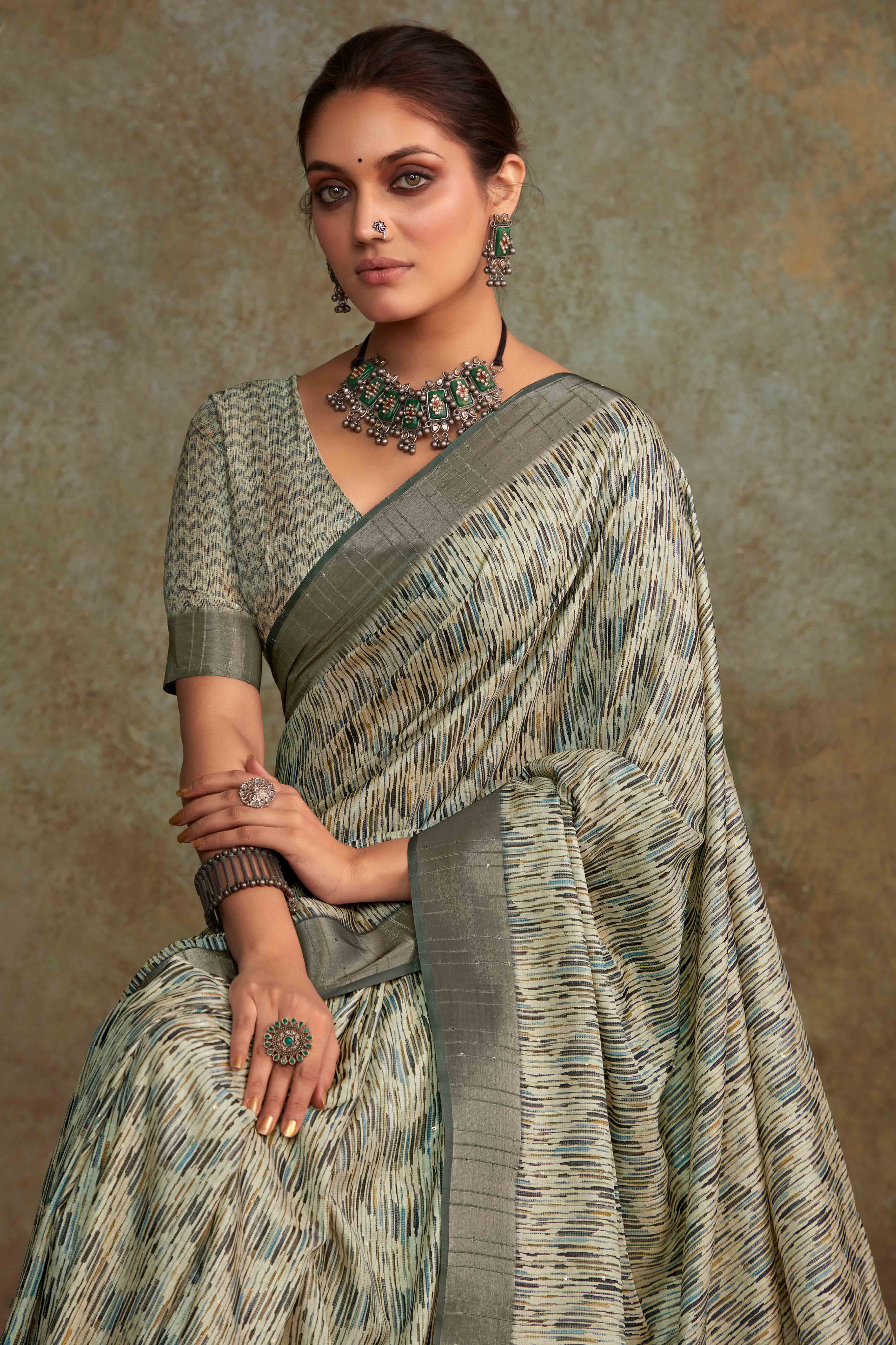 Sage Green Geometric Printed Cotton Silk Saree - Image 3