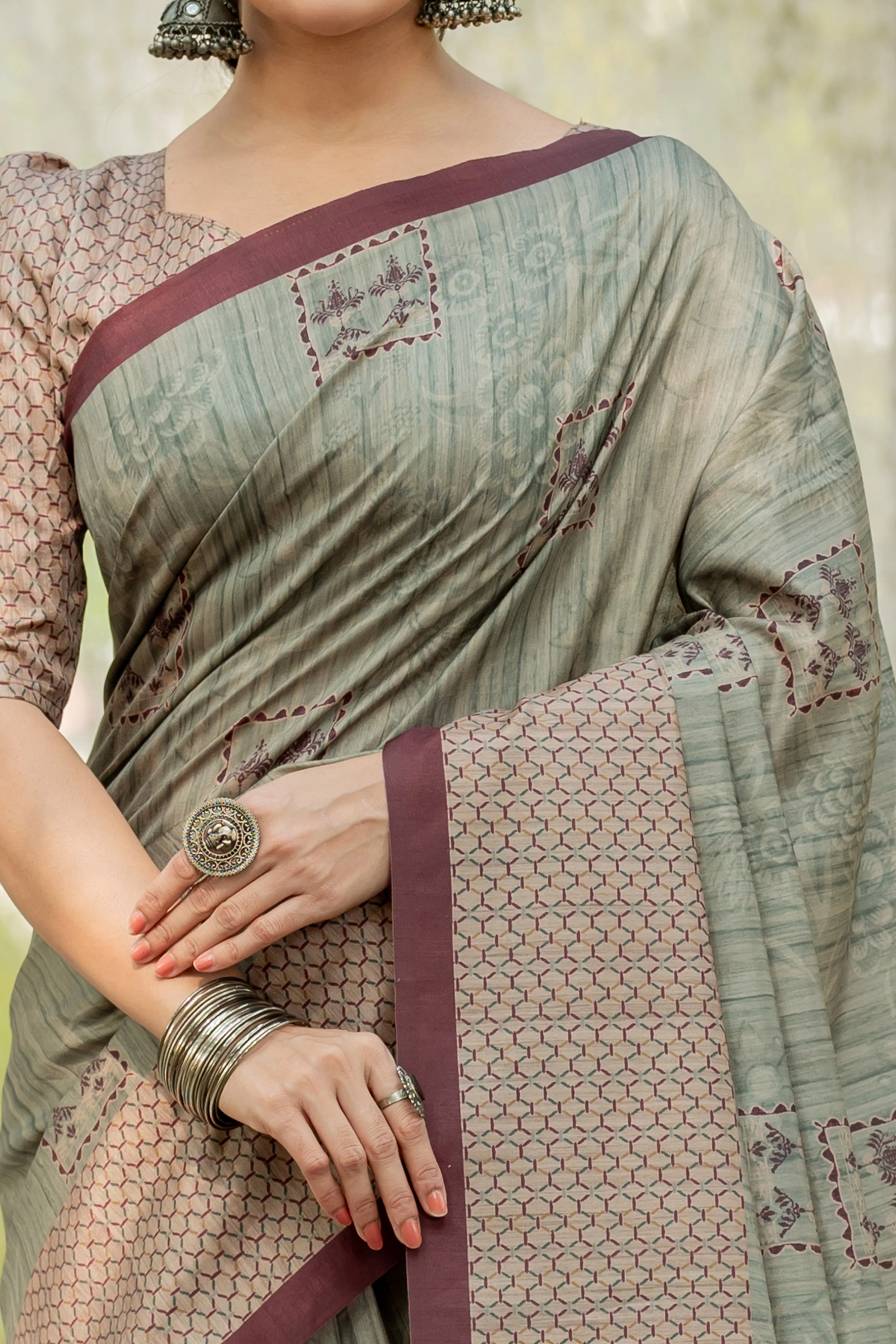 Sage Green Kozi Cotton Silk Saree Showcasing Digital Prints and Soft Tassel Edging - Image 2