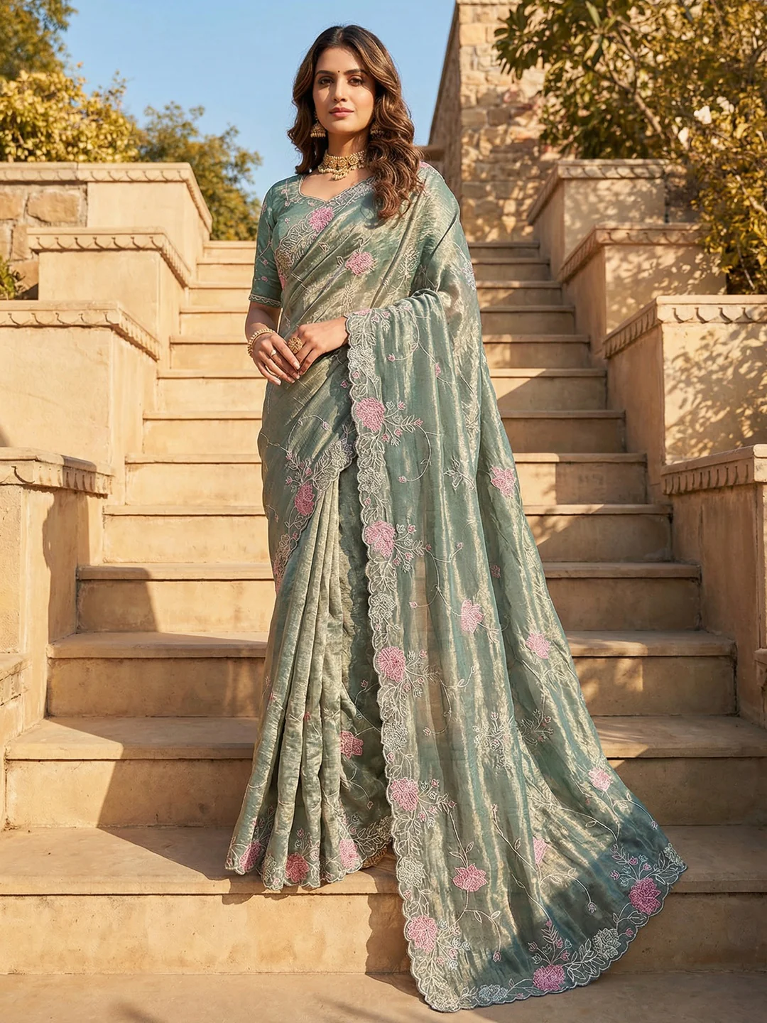 Sage Green Shimmer Saree with Floral Embroidery and Fine Thread Detailing