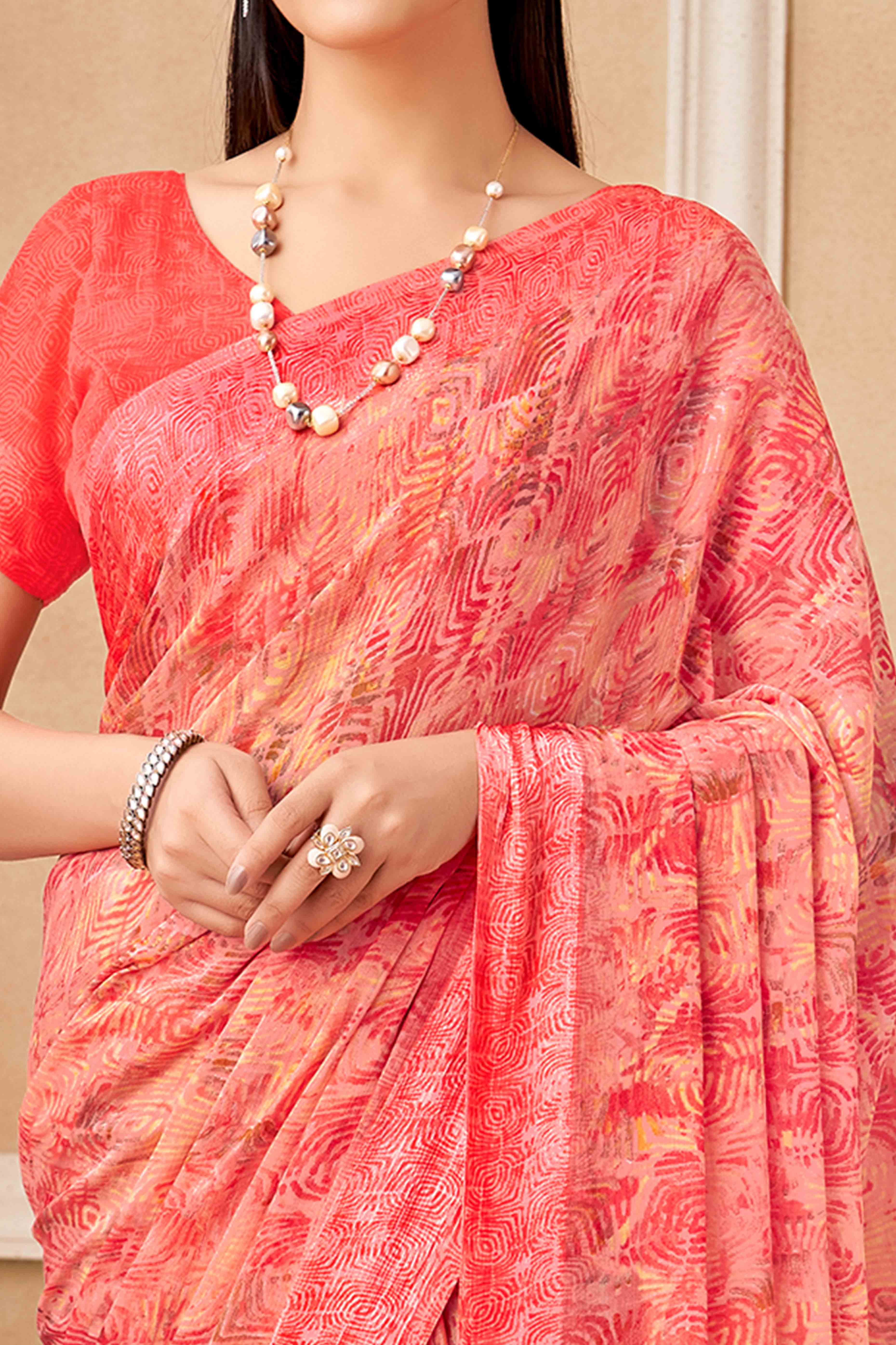 Salmon Pink Chiffon Saree With Delicate Prints & Elegant Satin Woven Border - Image 2