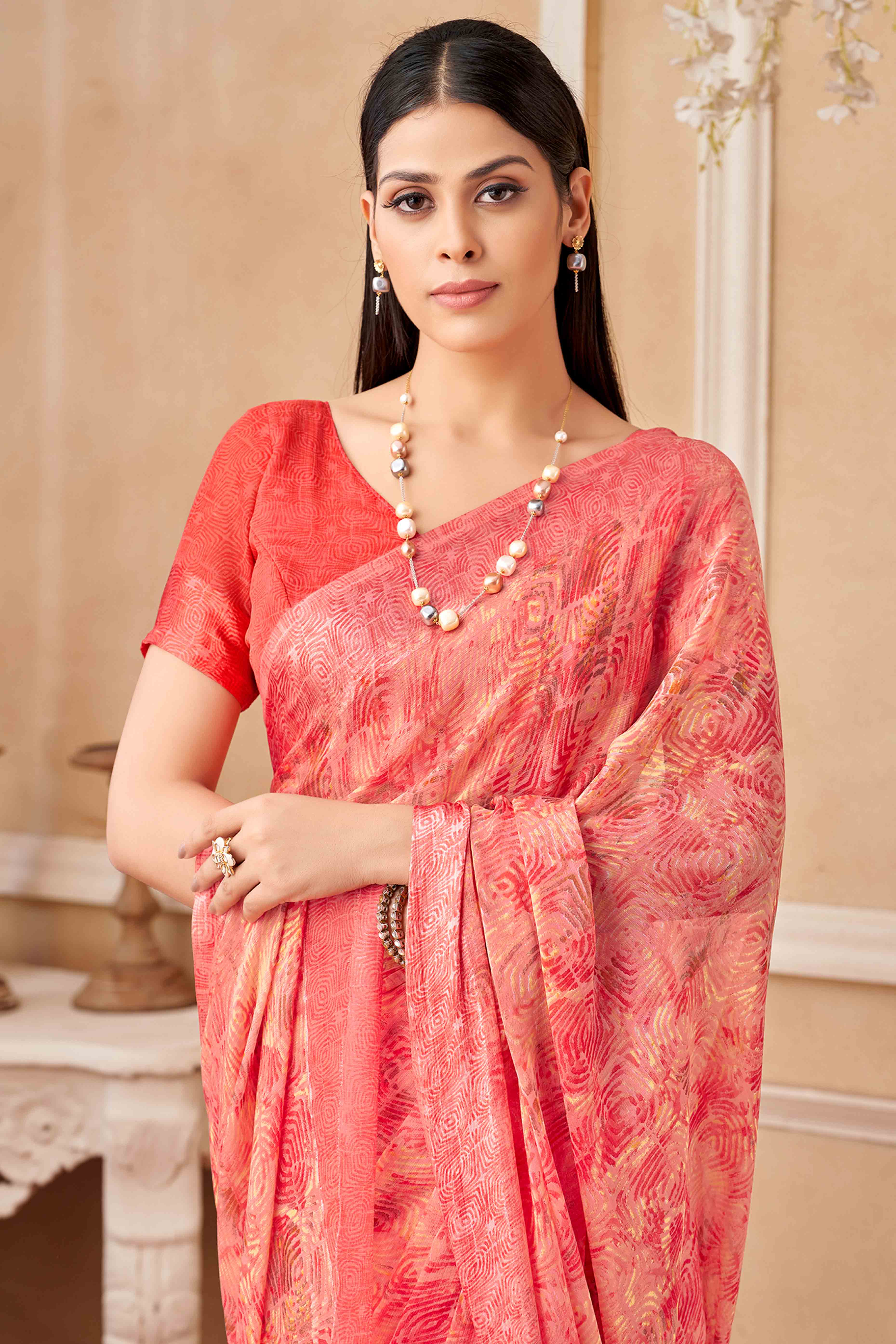 Salmon Pink Chiffon Saree With Delicate Prints & Elegant Satin Woven Border - Image 3