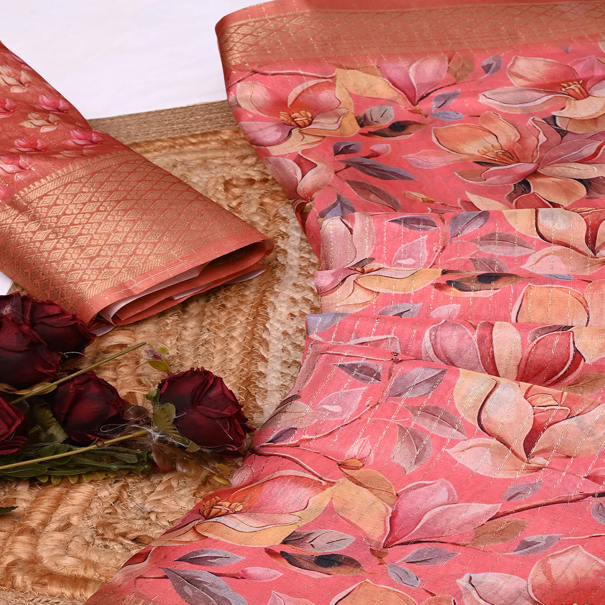 Salmon Pink Floral Printed Dola Silk Saree With Elegant Silver Zari & Intricate Weaving Border - Image 2
