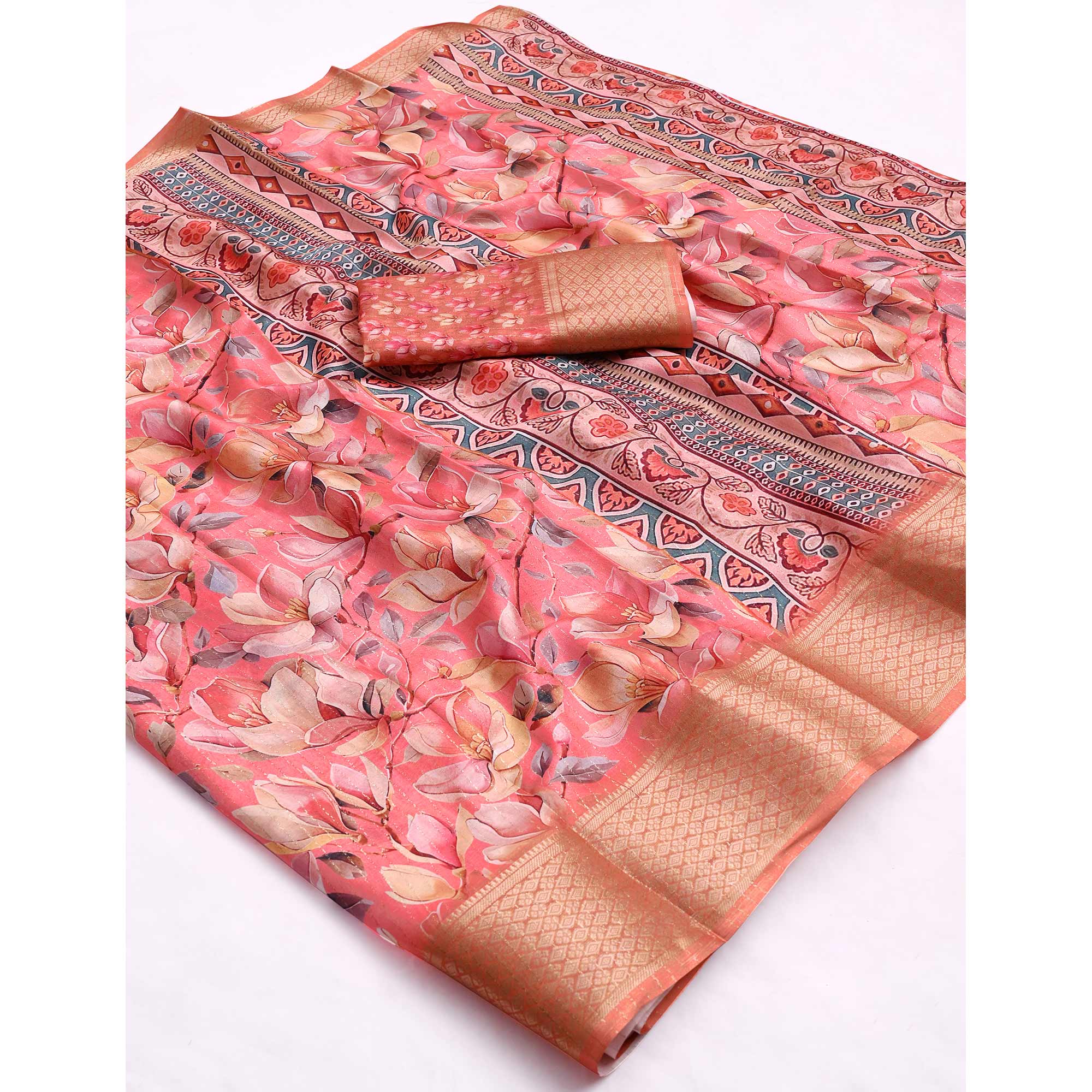 Salmon Pink Floral Printed Dola Silk Saree With Elegant Silver Zari & Intricate Weaving Border - Image 3