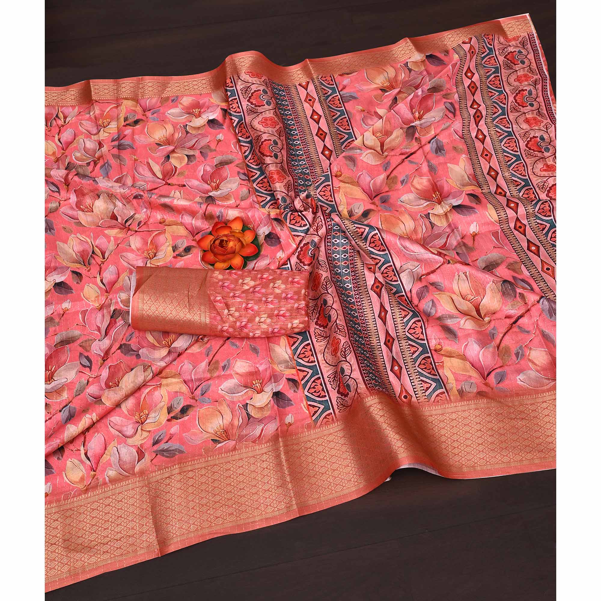 Salmon Pink Floral Printed Dola Silk Saree With Elegant Silver Zari & Intricate Weaving Border - Image 4