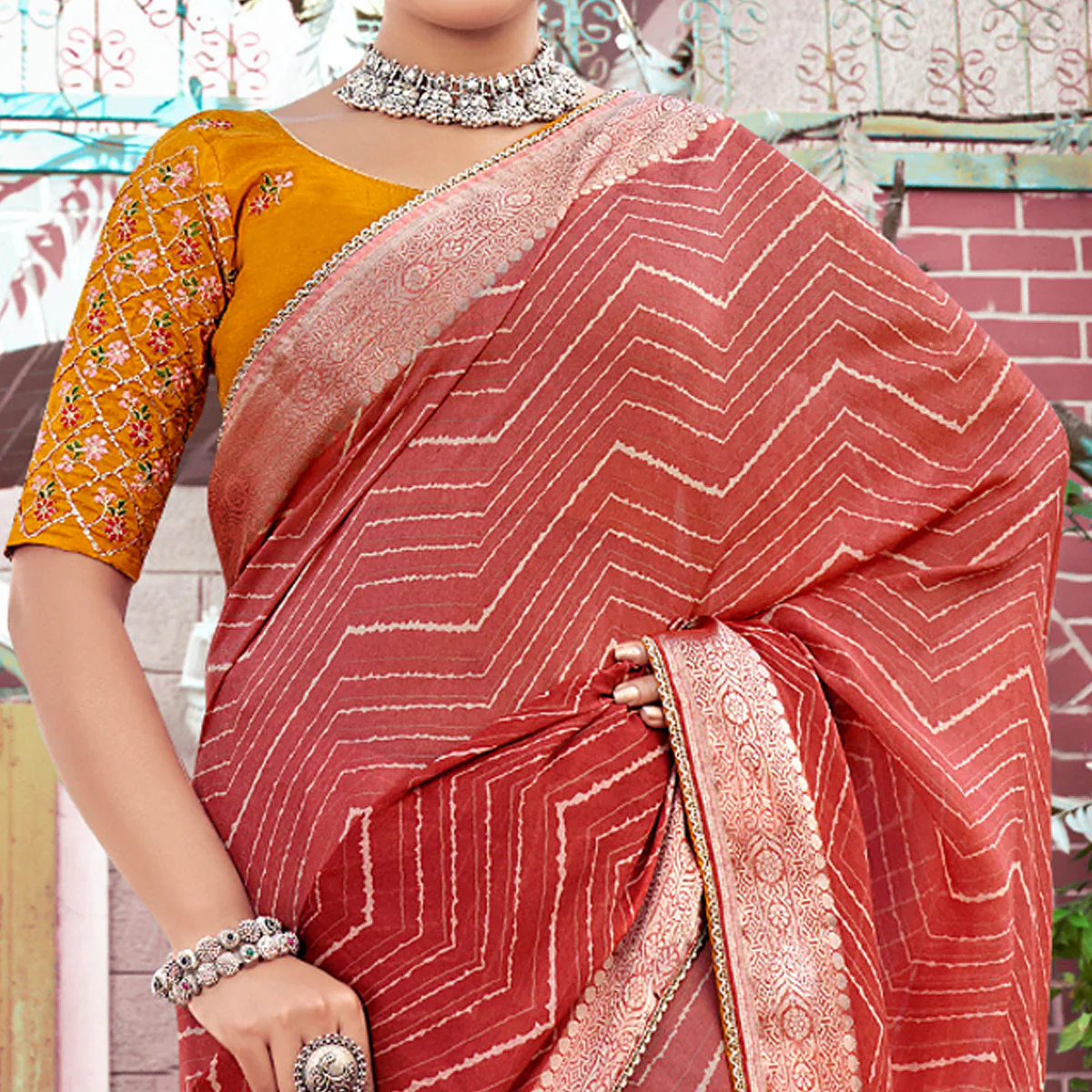 Salmon Pink Leheriya Printed Georgette Saree With Jacquard Border - Image 2
