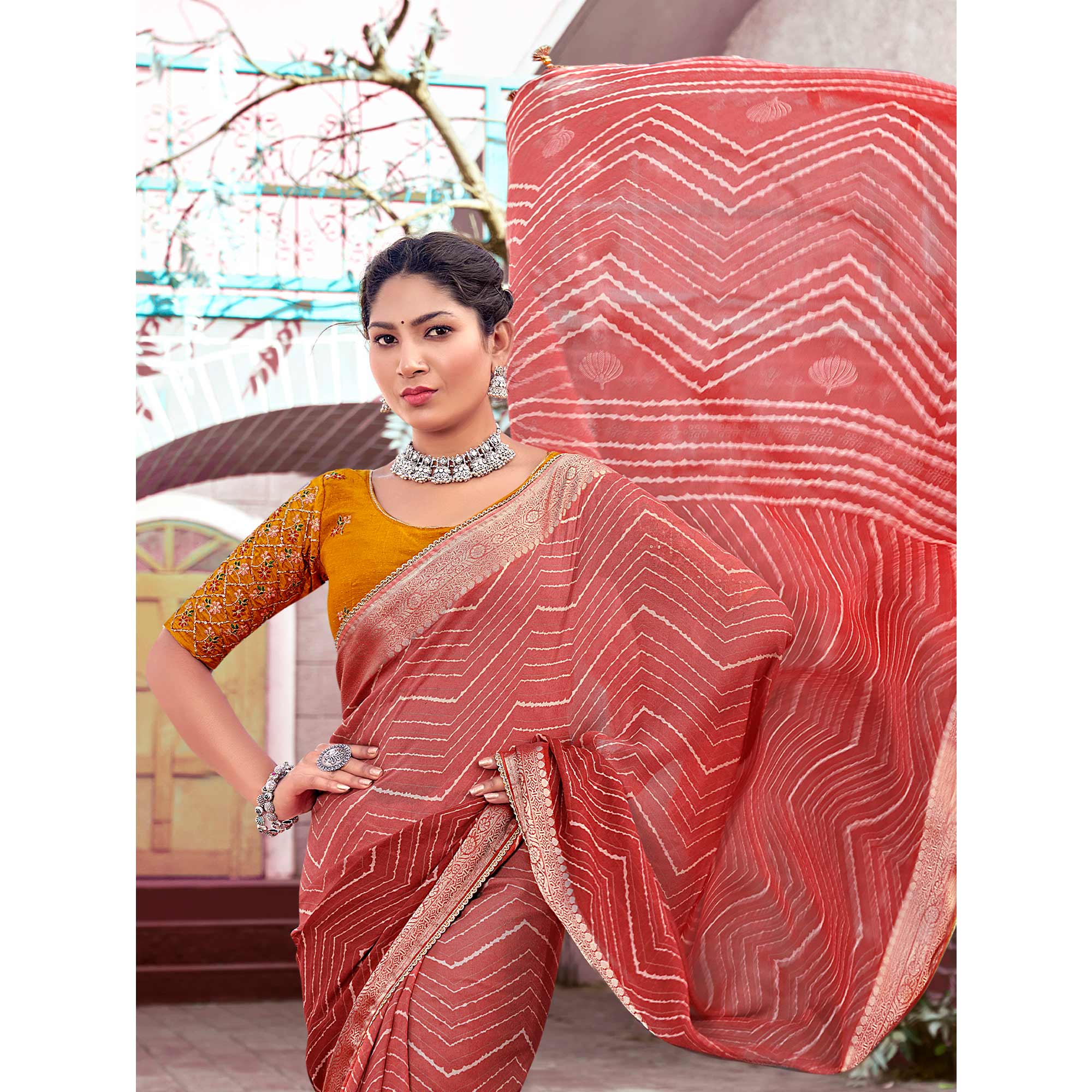Salmon Pink Leheriya Printed Georgette Saree With Jacquard Border - Image 3