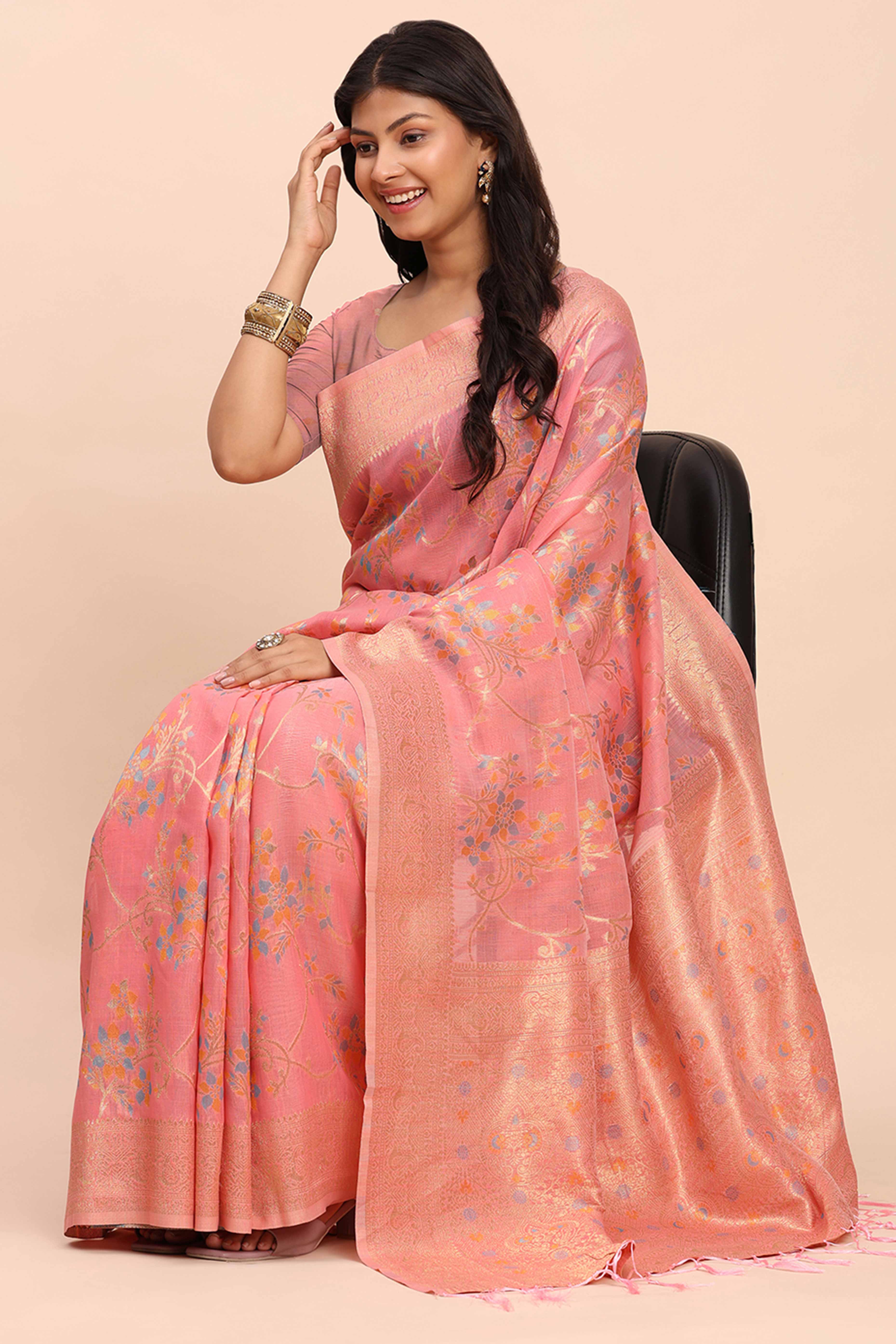 Salmon Pink Linen Cotton Saree Showcasing Floral Zari Weaves & A Tasselled Finish Pallu - Image 6