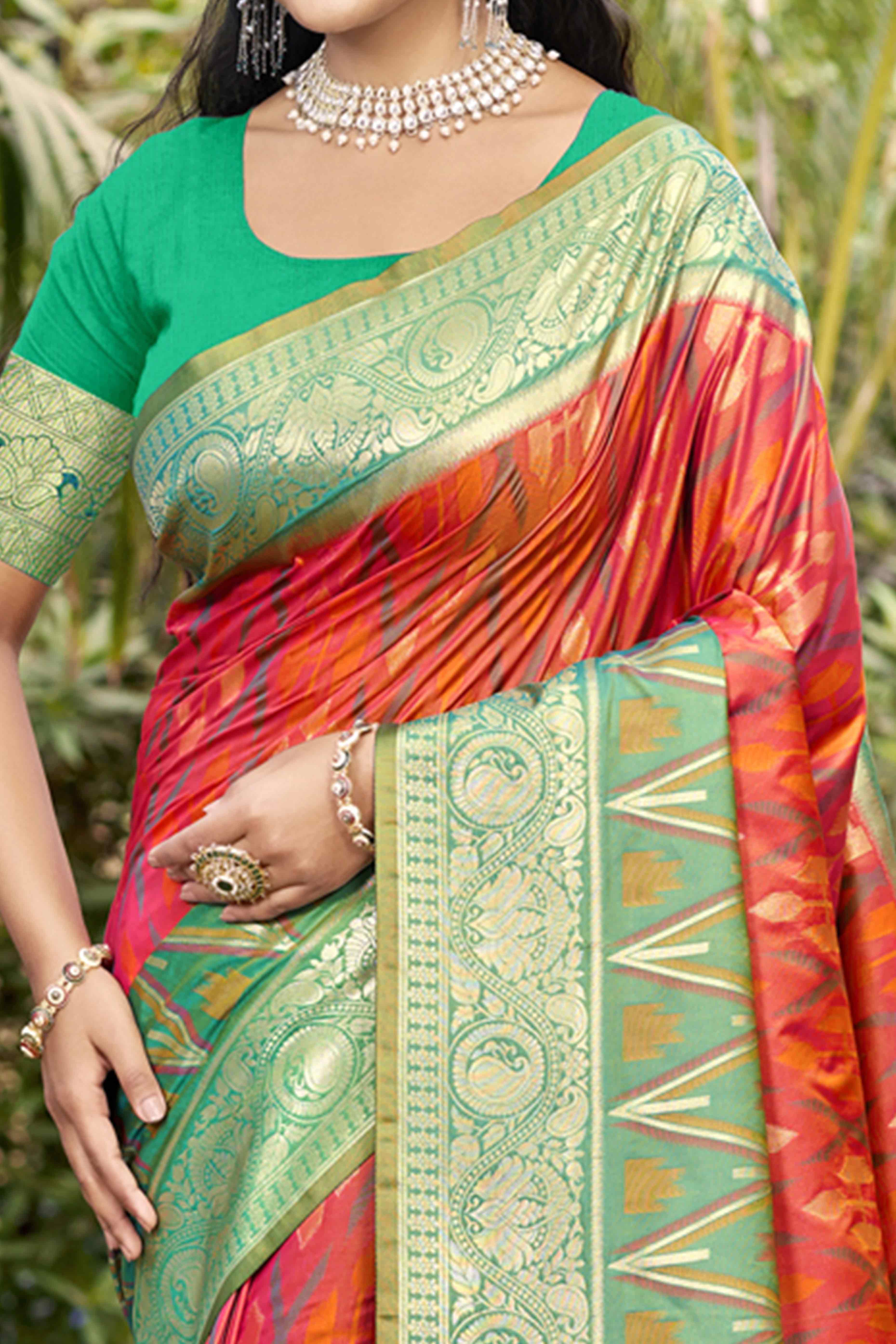 Salmon Pink & Rama Woven Cotton Silk Saree With Tassels - Image 2