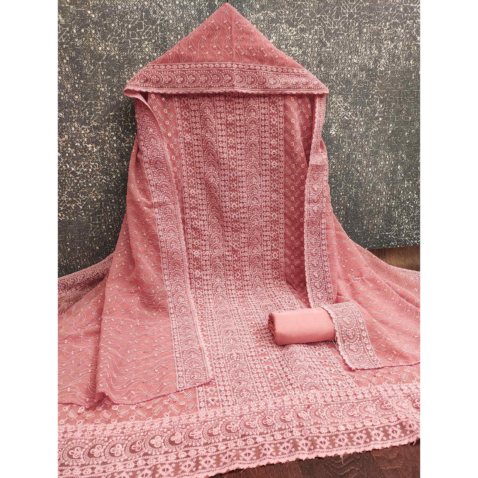 Salmon Rose Pink Georgette Dress Material With Intricate Floral Thread & Sparkling Sequins Work - Image 3