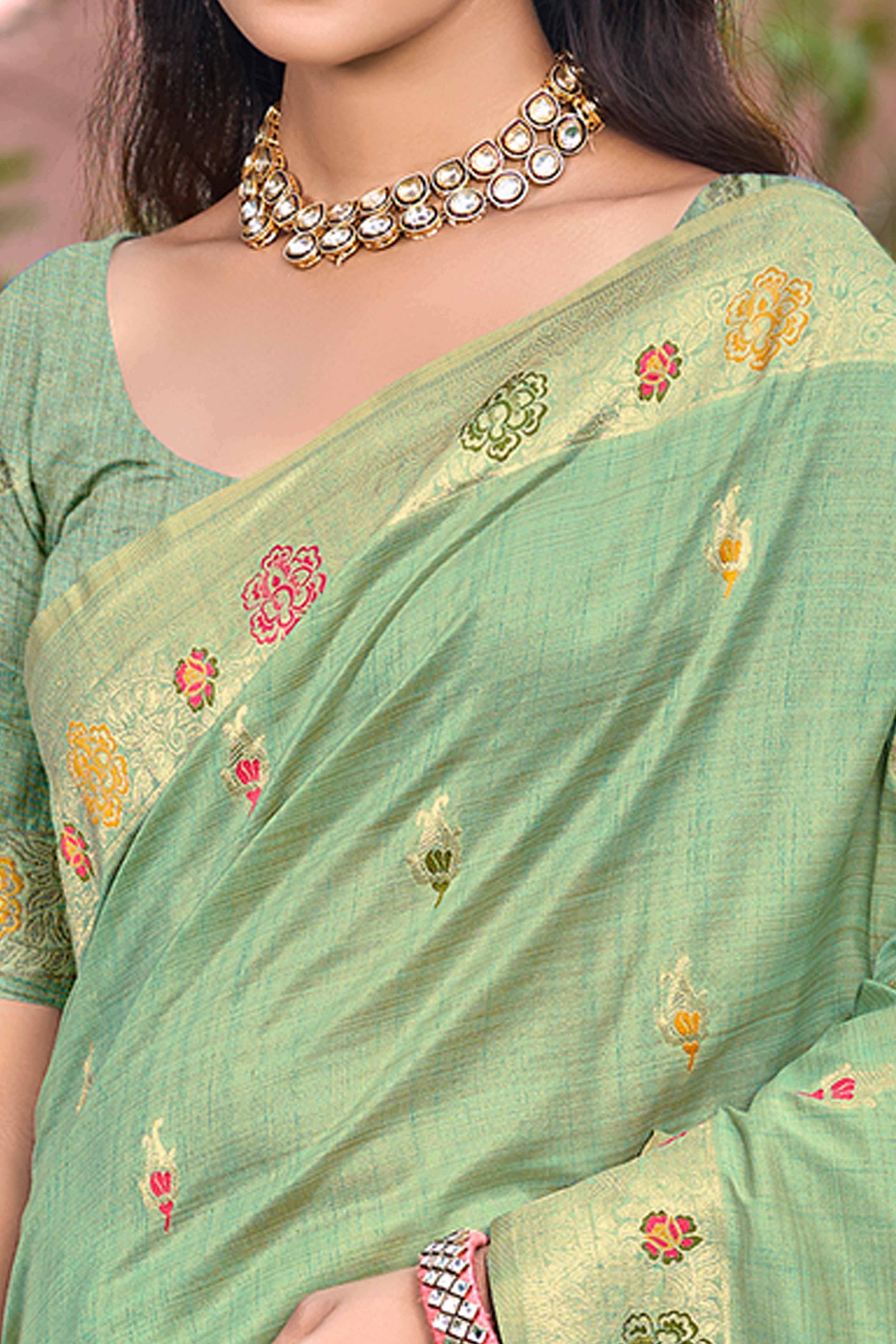Sea Green Assam Silk Blend  Saree Featuring Intricate Floral Zari Weave & Tassel Pallu - Image 2