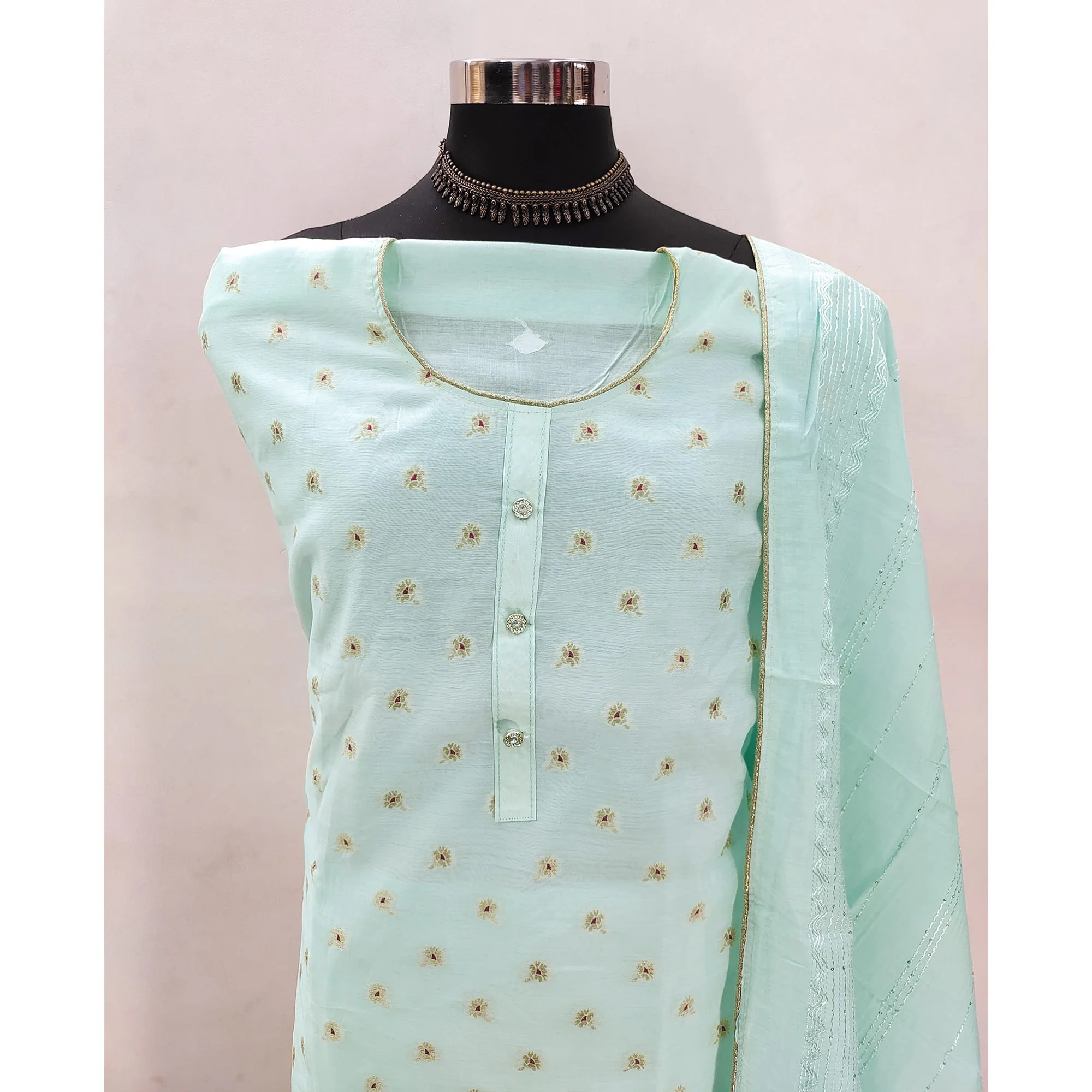 Sea Green Banarasi Silk Traditional Weaving Dress Material - Image 4
