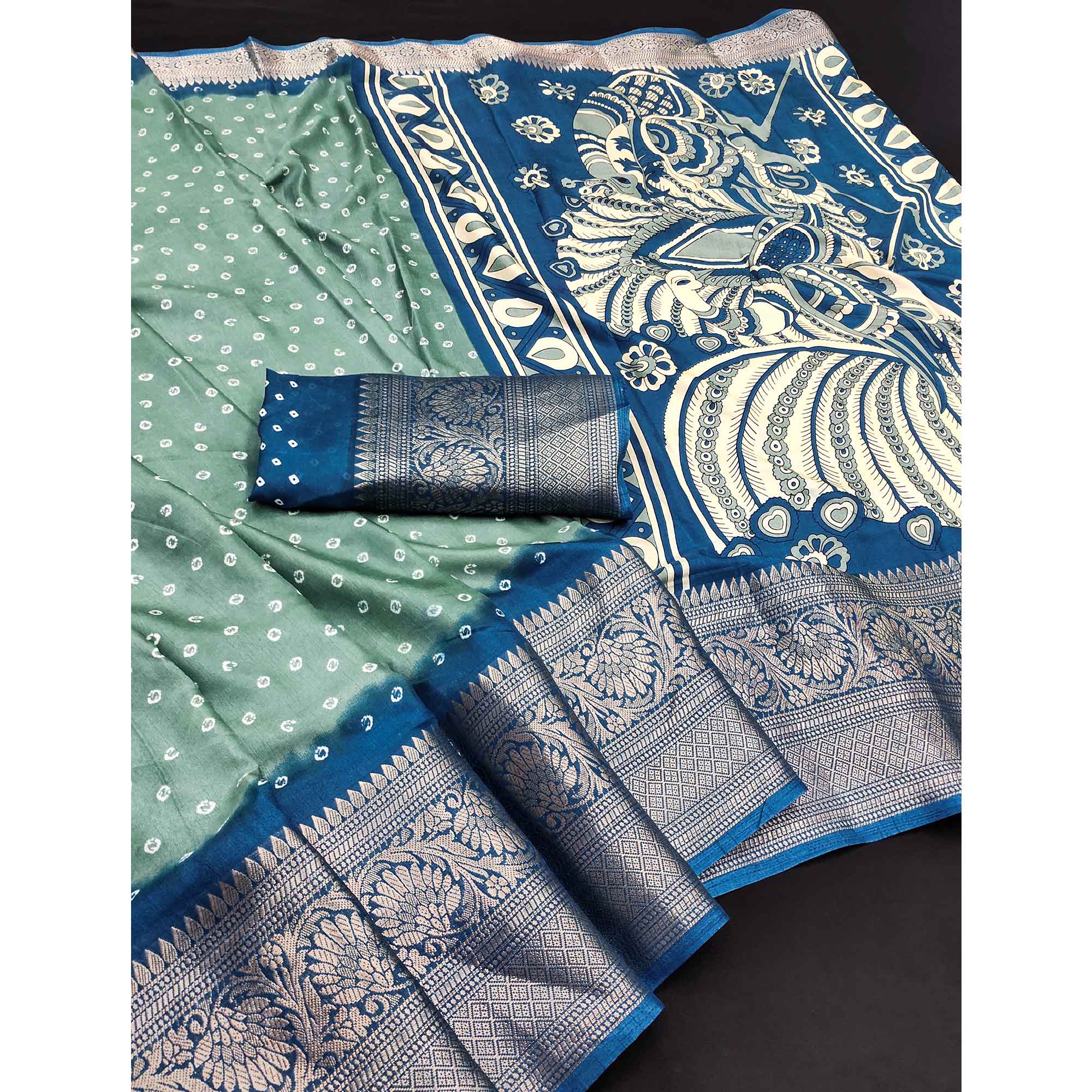 Sea Green Bandhani Design Dola Silk Saree with Classic Zari Detailing - Image 3
