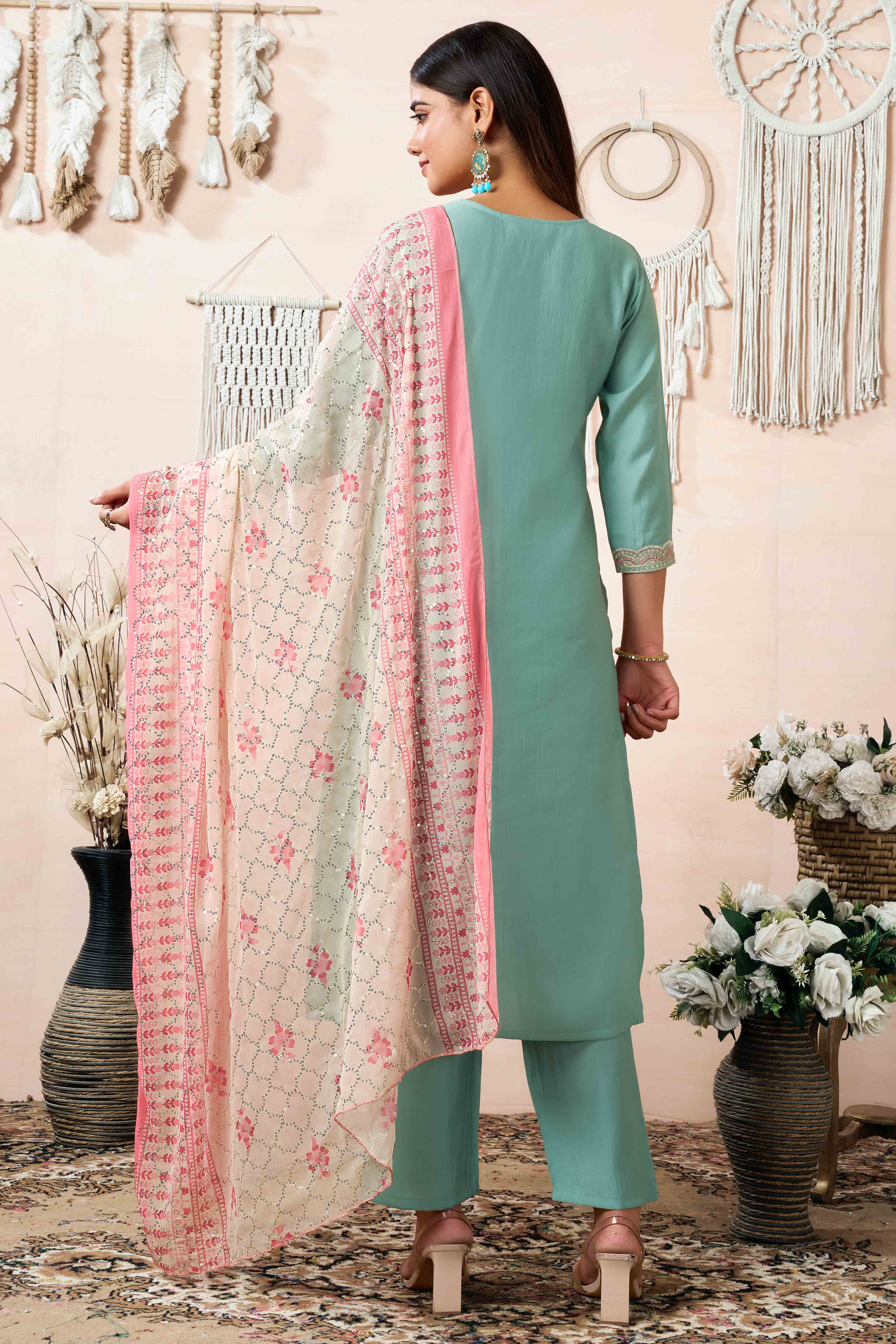 Sea Green Beads Embroidered Chanderi Silk Straight Salwar Suit - Image 4