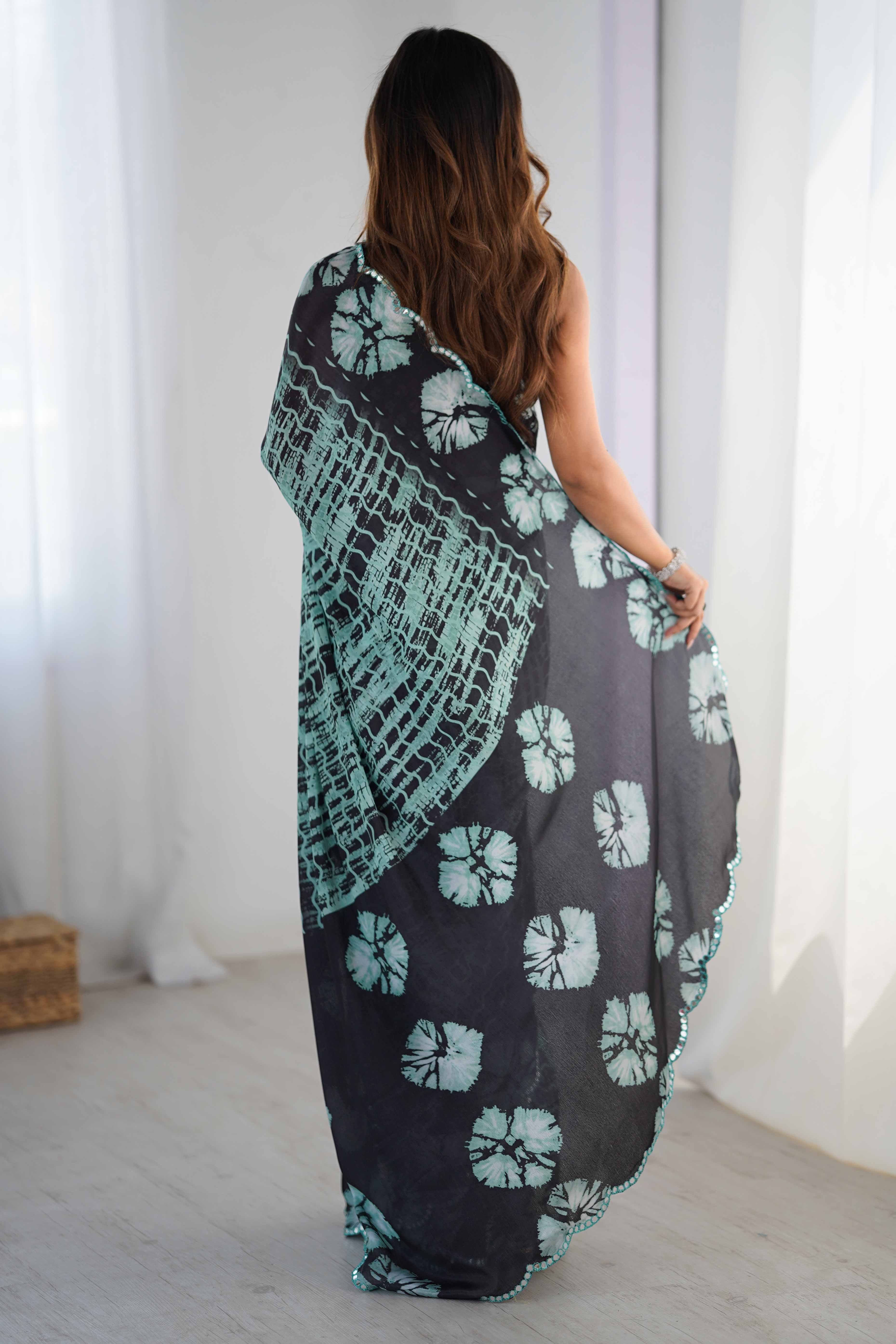Sea Green & Black Chinon Saree with Glimmering Kutchi Mirror Work and Print - Image 5