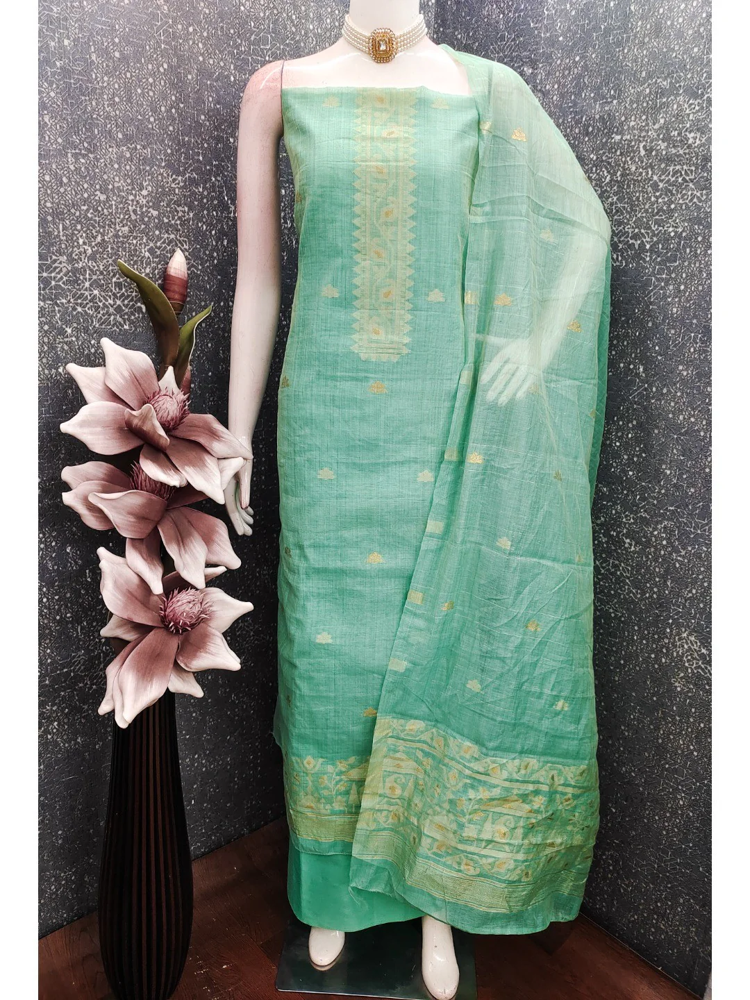 Sea Green Chanderi Cotton Dress Material Featuring Detailed Woven Design - Image 3