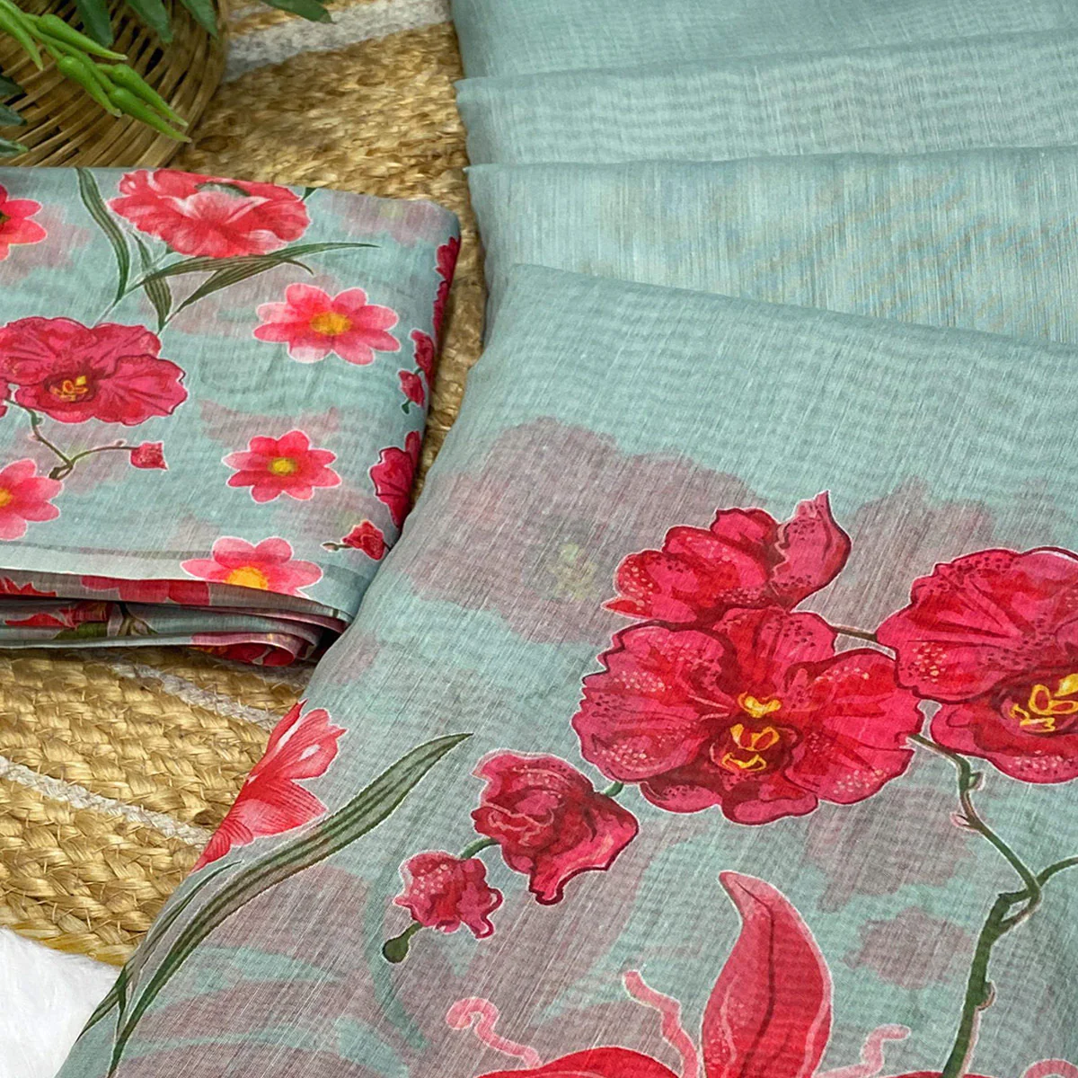 Sea Green Chanderi Cotton Saree Featuring Digital Floral Prints & Decorative Tassel Pallu - Image 2