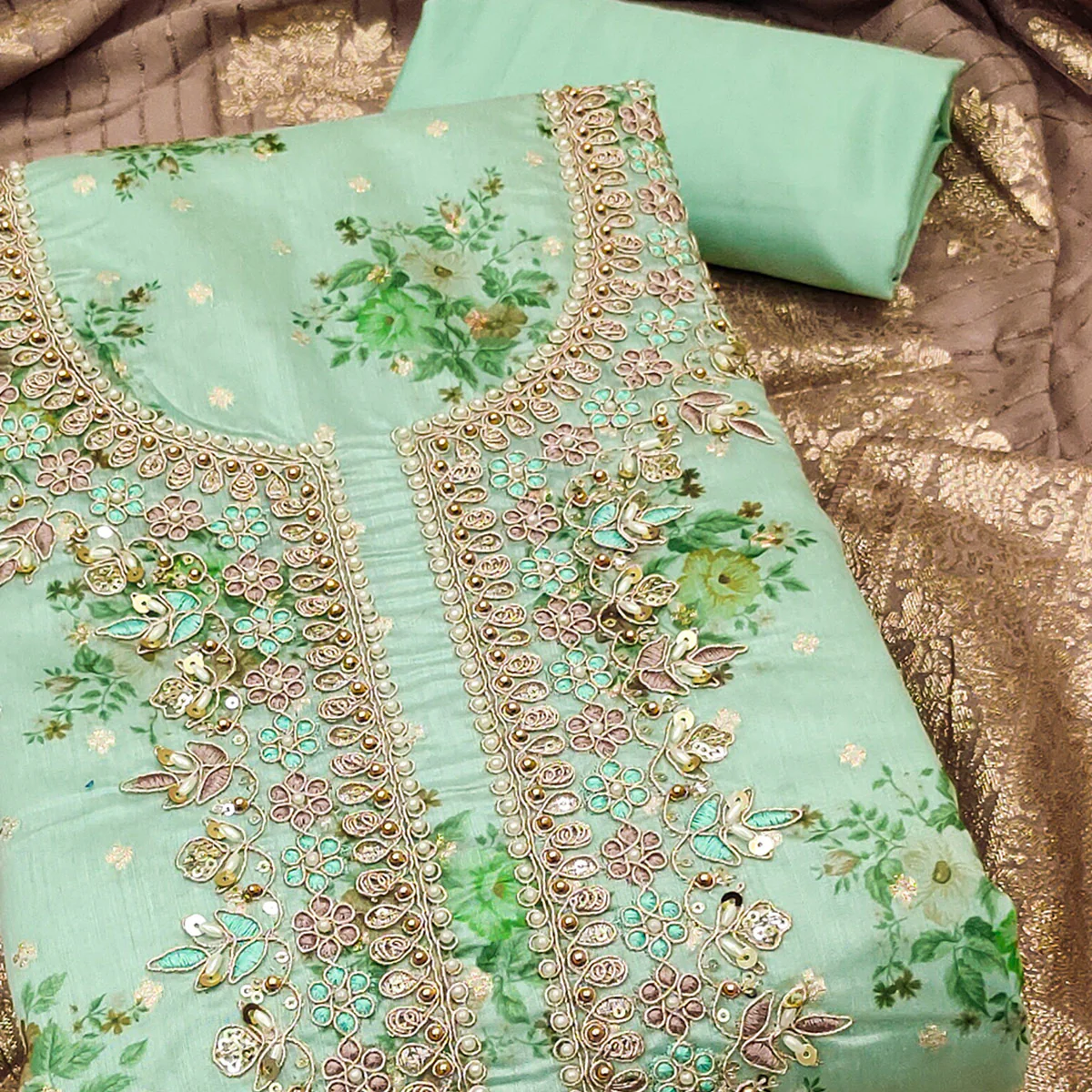 Sea Green Chanderi Silk Dress Material Adorned With Floral Sequins Embroidery & Moti Handwork - Image 2