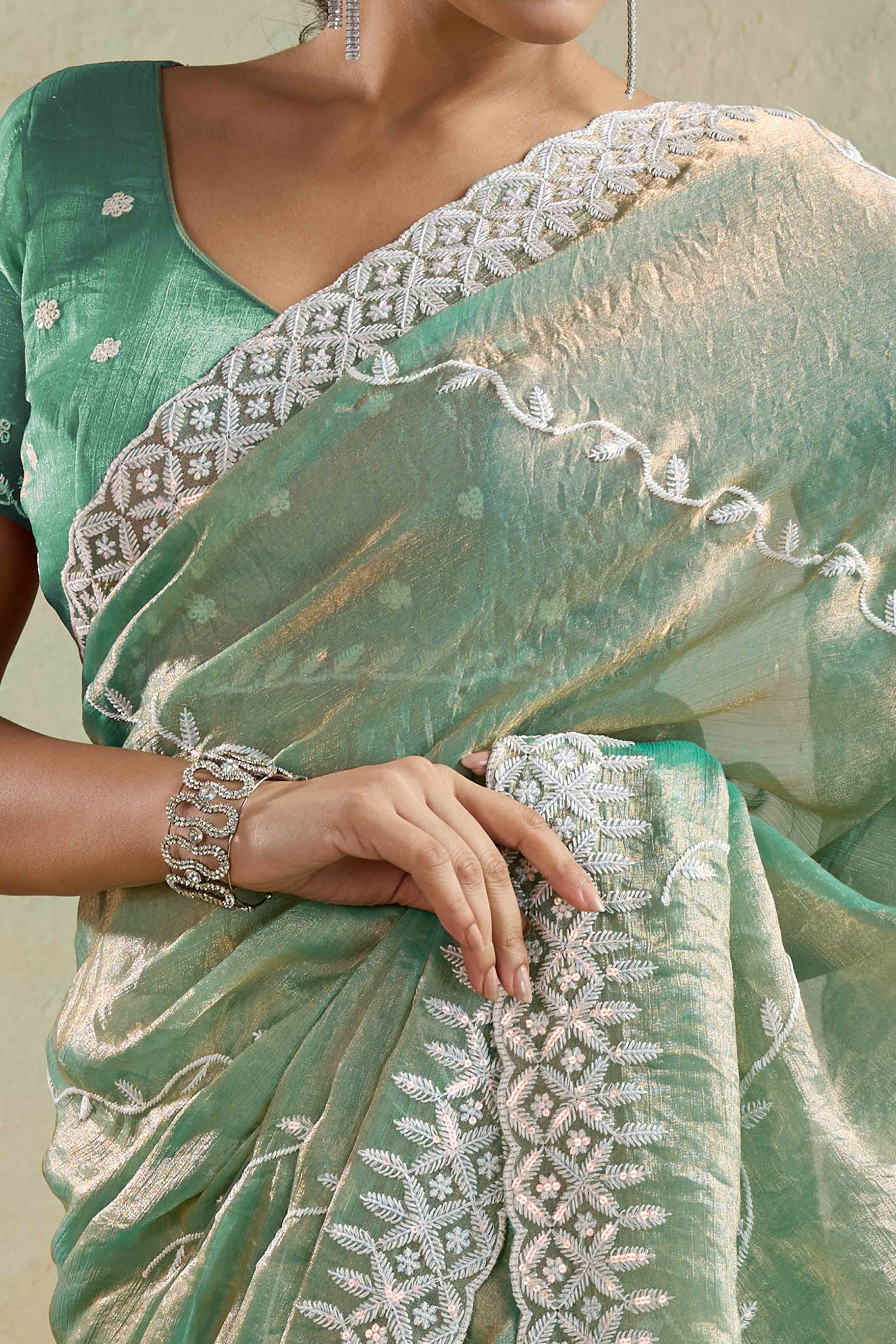 Sea Green Chiffon Saree with Rich Velvet Accents & Thread Detailing - Image 2