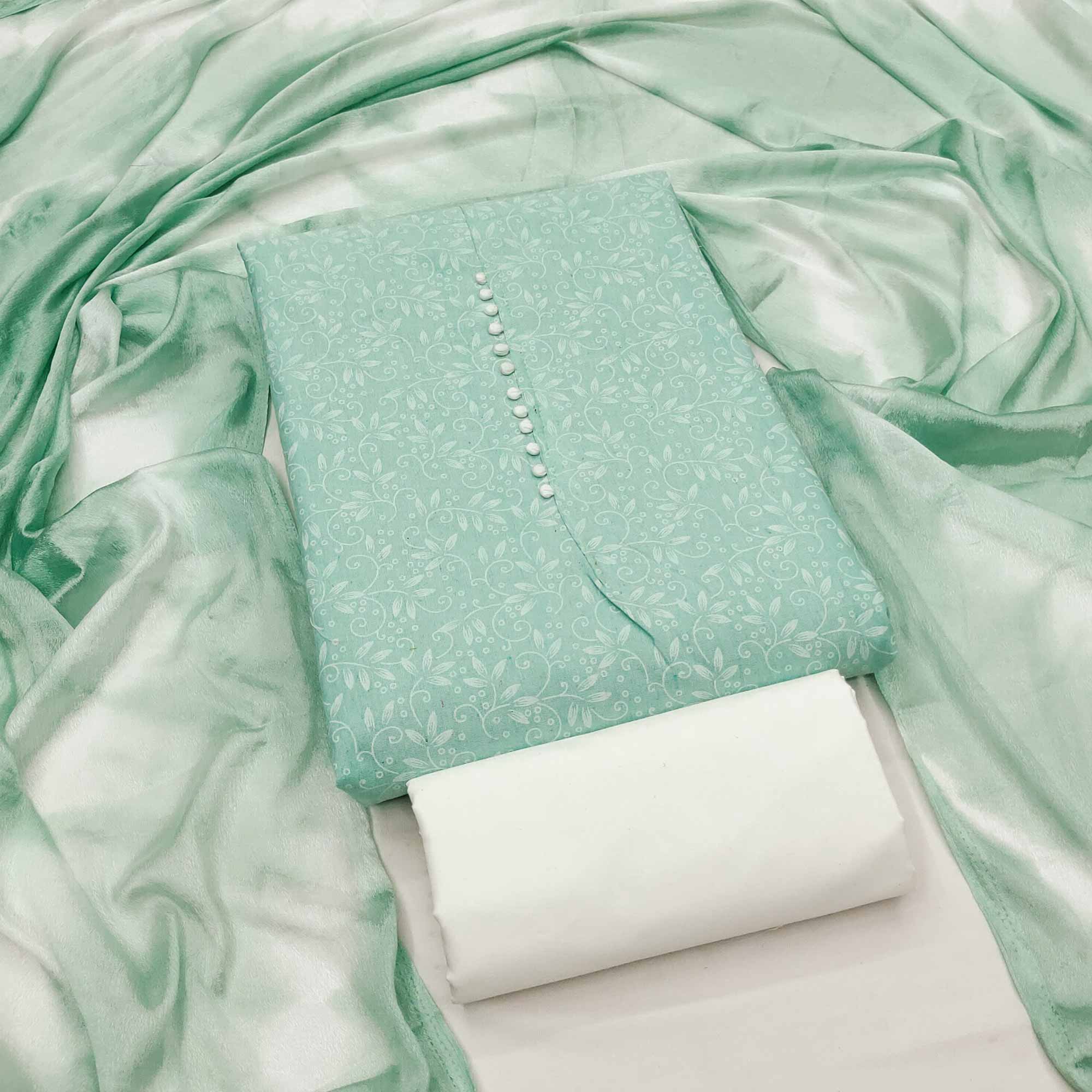 Sea Green Cotton Blend Dress Material Enhanced With Artistic Floral Printed Work - Image 3