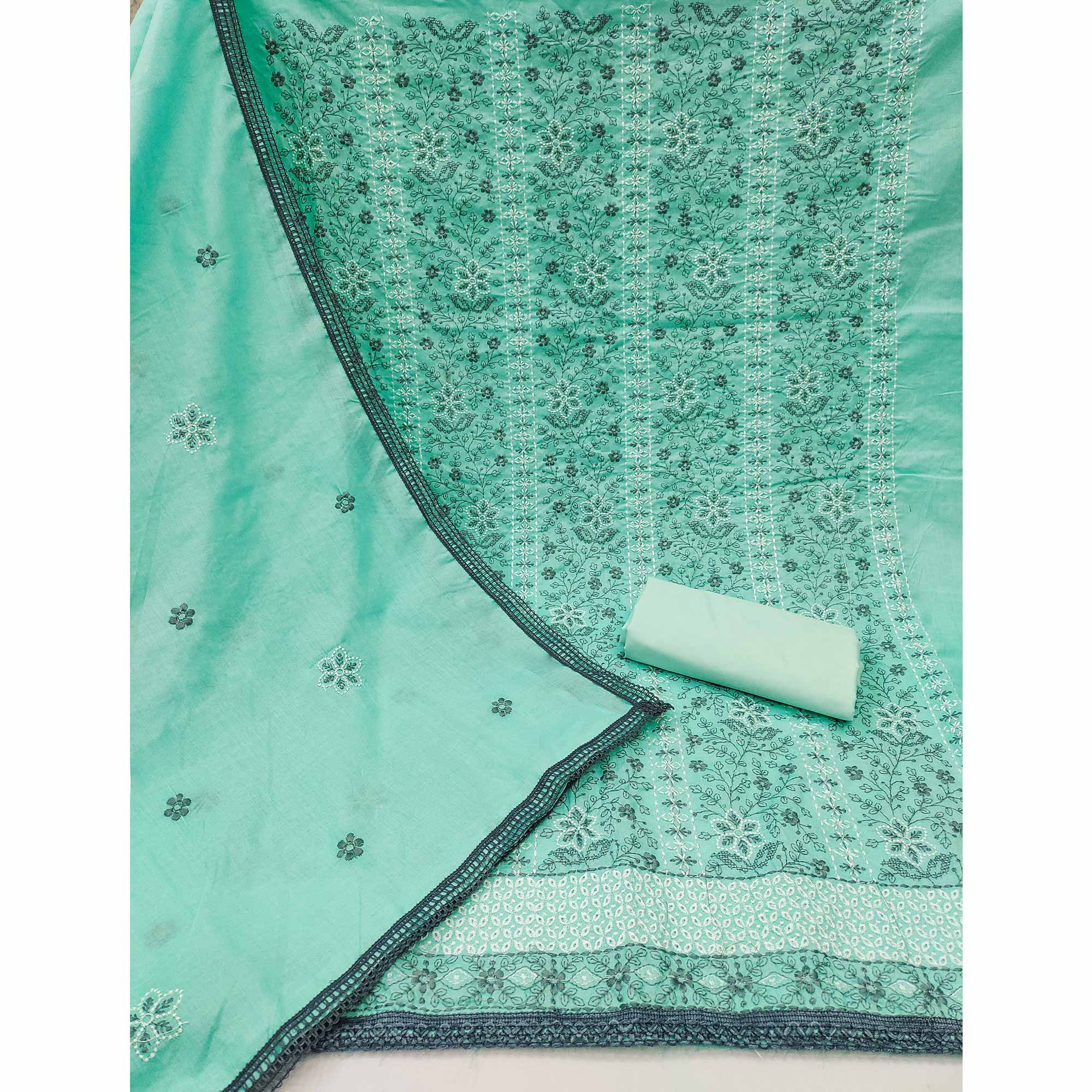 Sea Green Cotton Suit Fabric with Embroidered Floral Patterns - Image 4