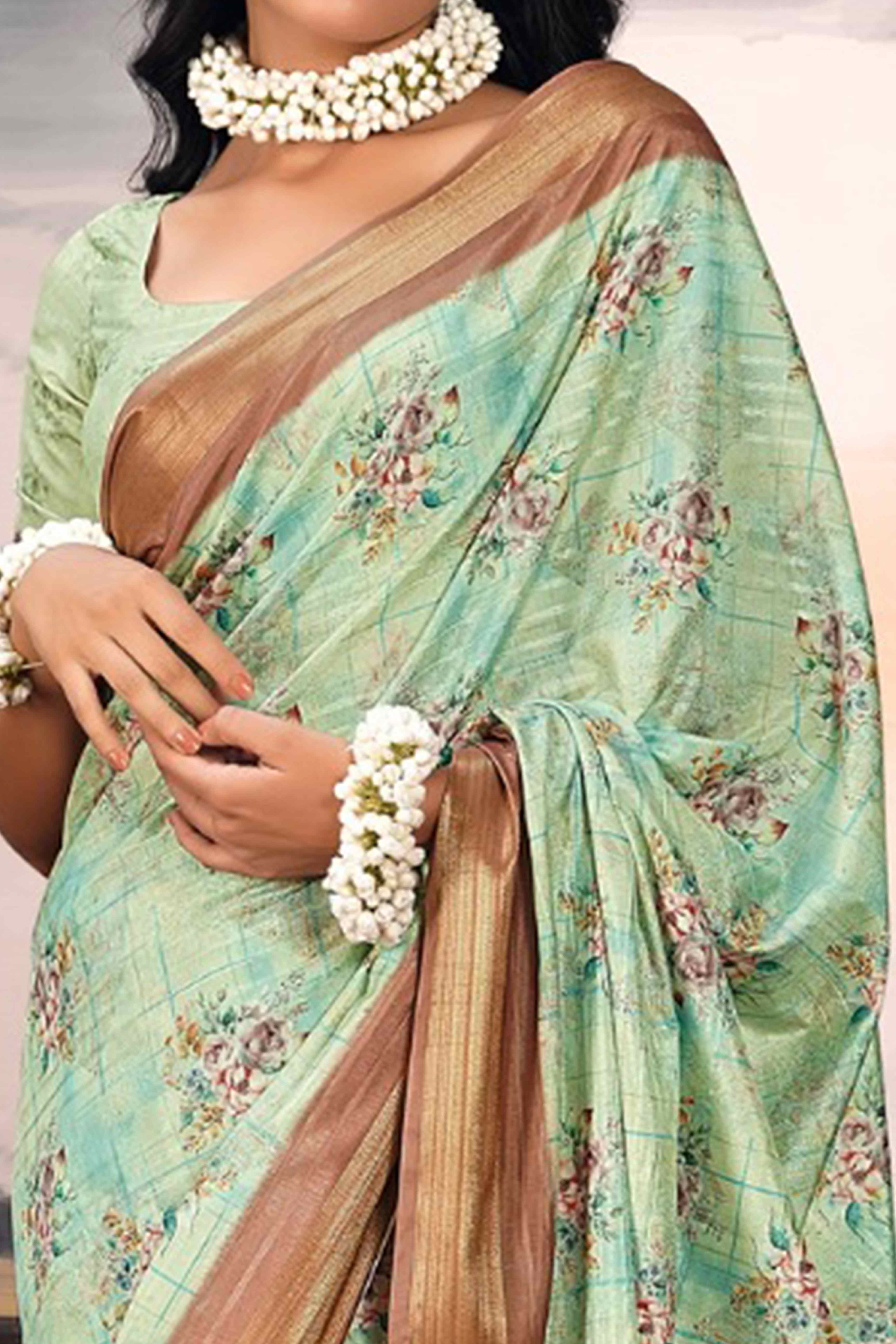 Sea Green Digital Printed Saree in Soft Cotton Silk Fabric - Image 2