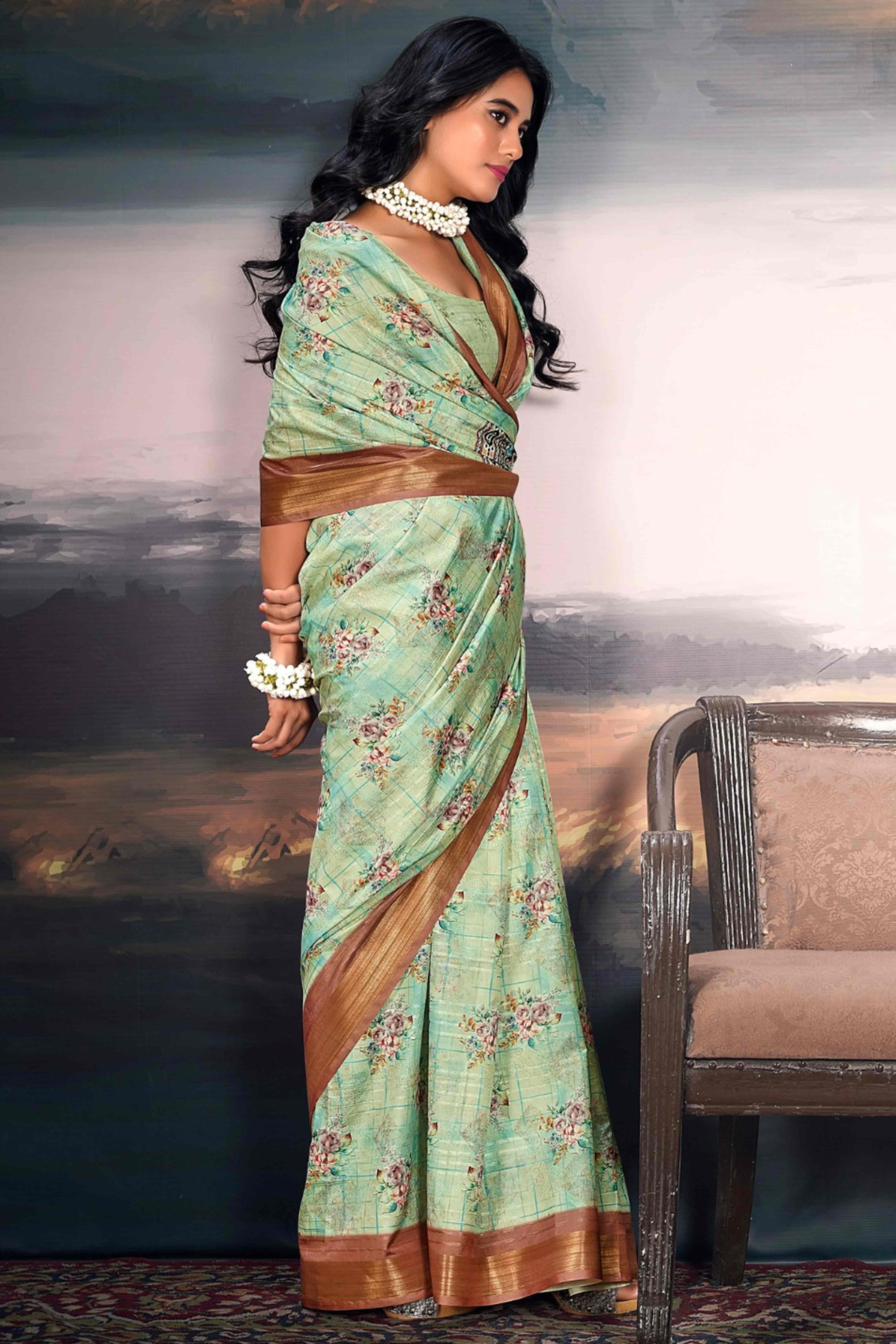 Sea Green Digital Printed Saree in Soft Cotton Silk Fabric - Image 3