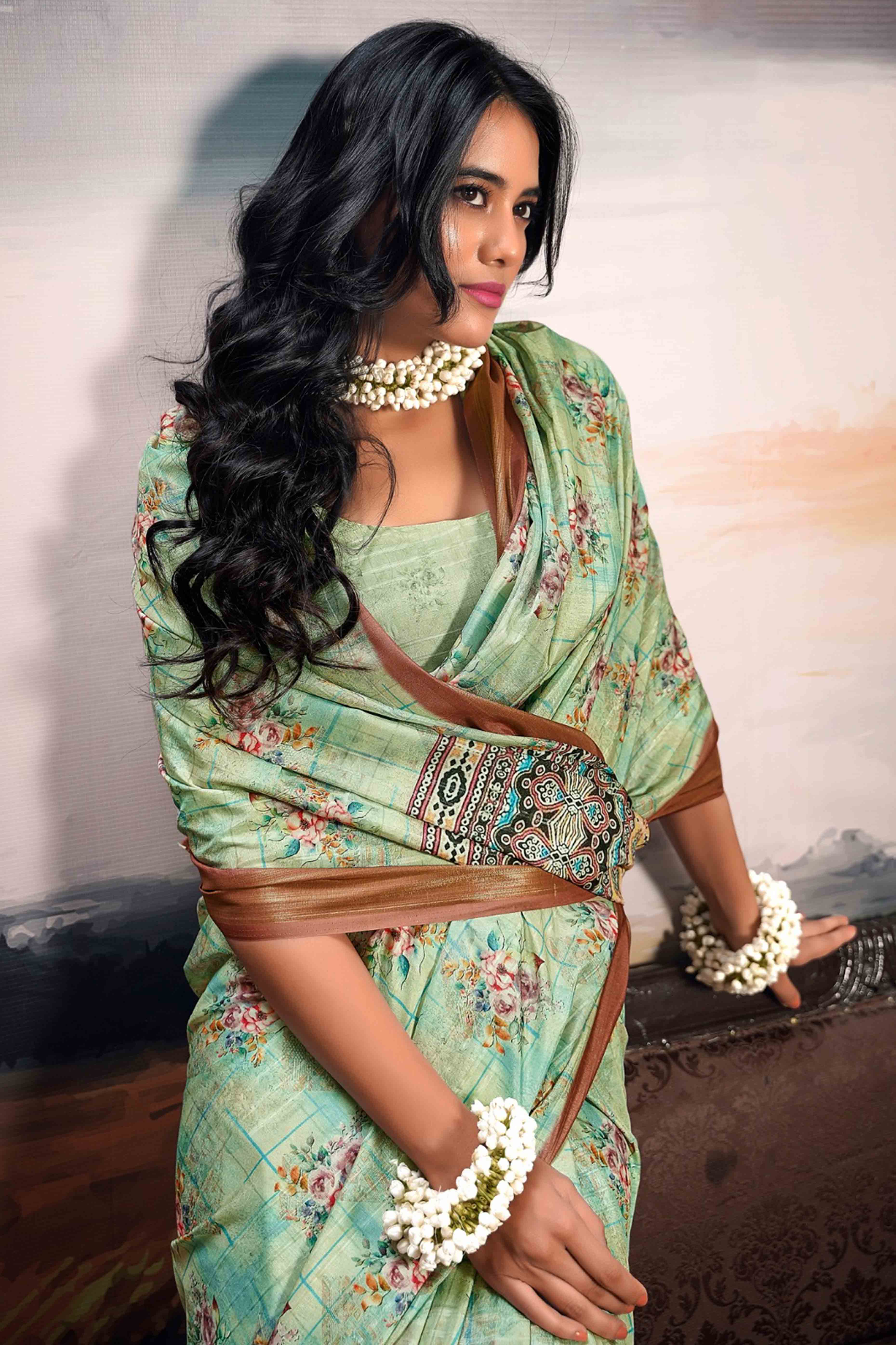 Sea Green Digital Printed Saree in Soft Cotton Silk Fabric - Image 4