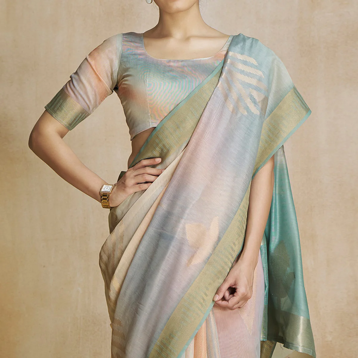 Sea Green Digital Printed With Woven Pure Silk Ombre Saree - Image 3